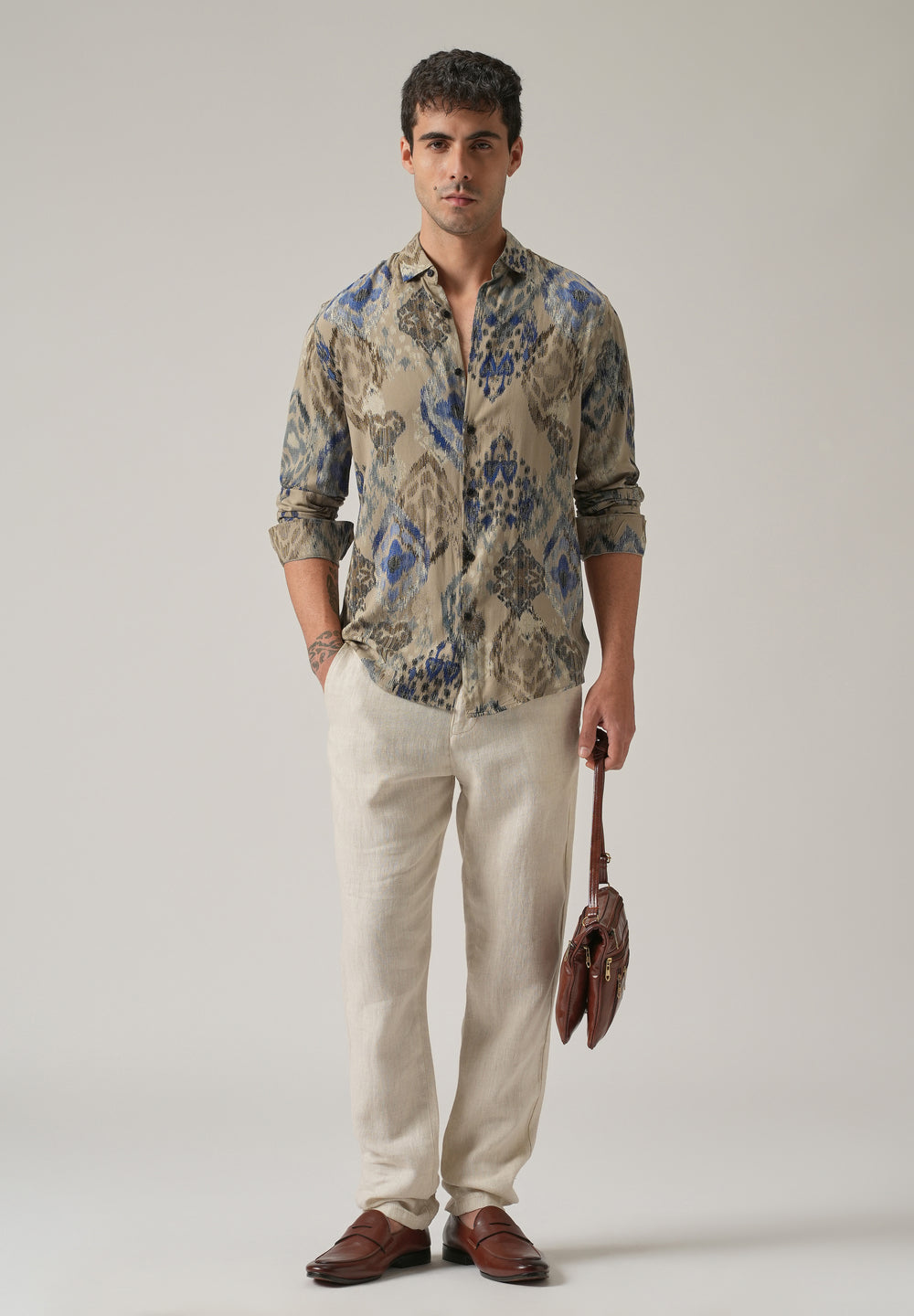 Tan Ikat Motif Print Feather Shirt