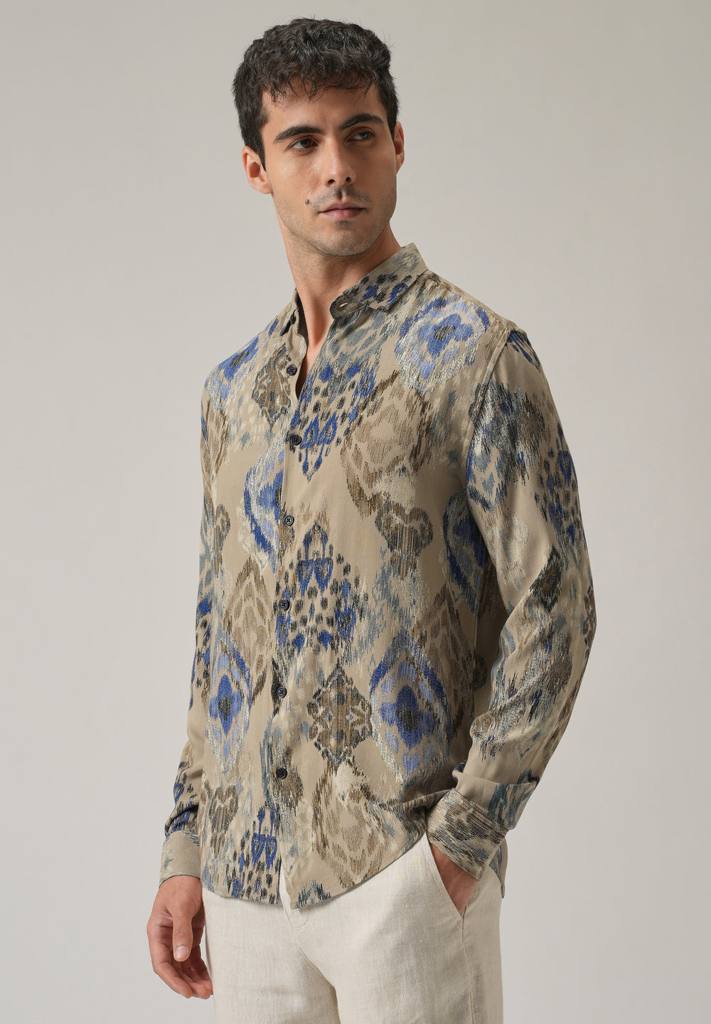 Tan Ikat Motif Print Feather Shirt