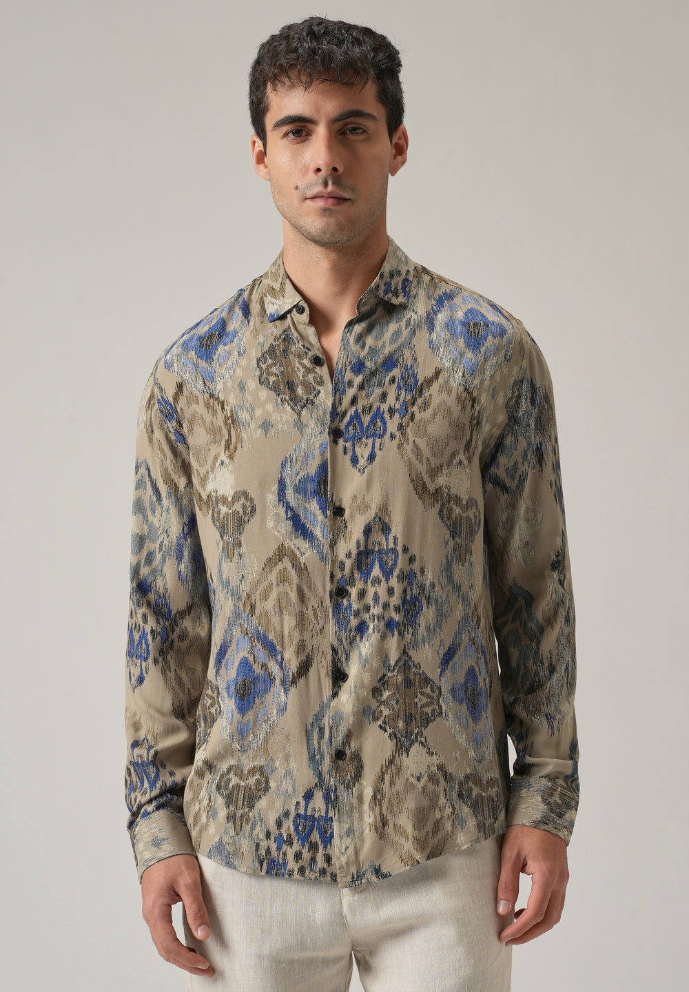 Tan Ikat Motif Print Feather Shirt