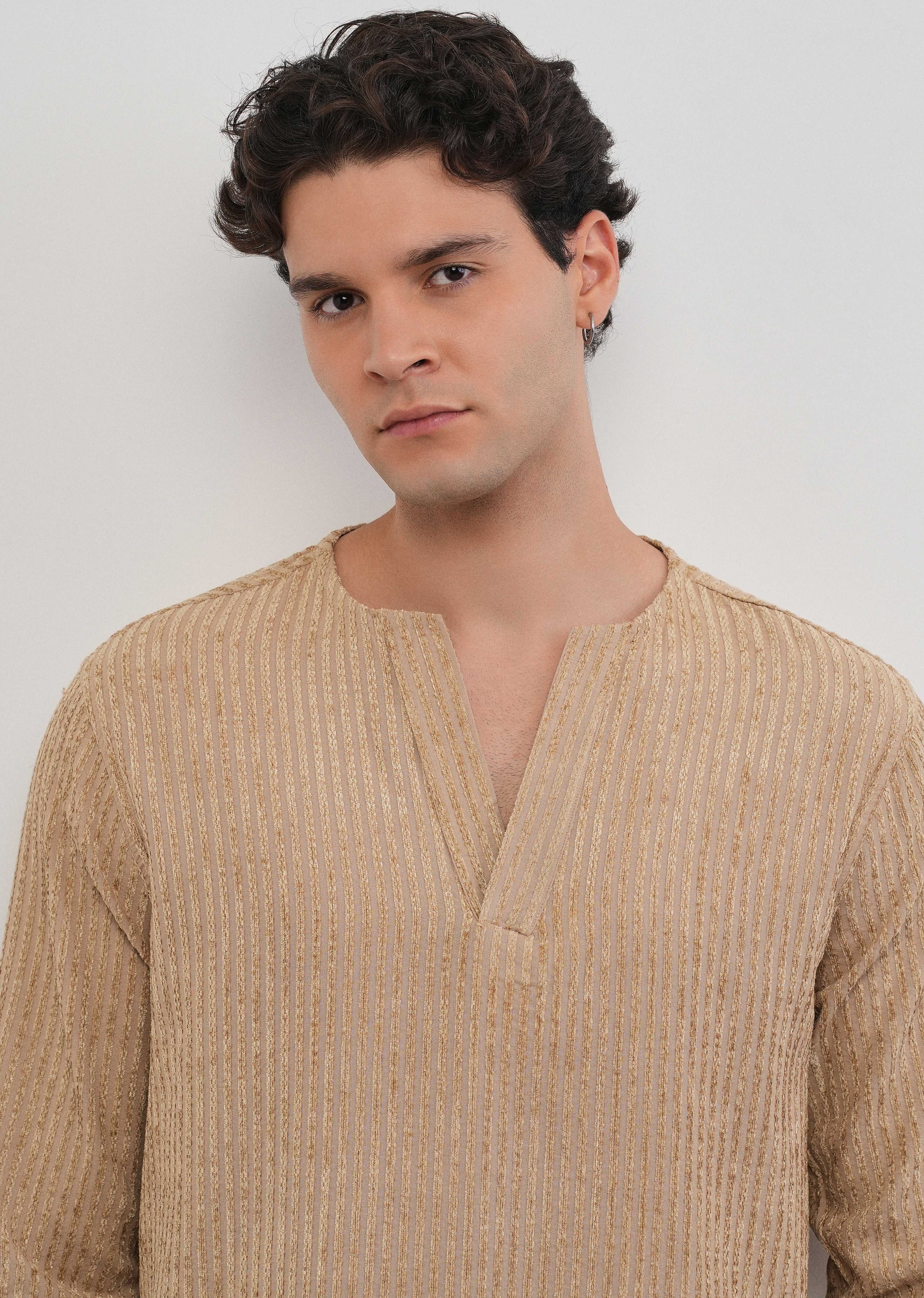 Tan Jacquard Stripe Short Kurta
