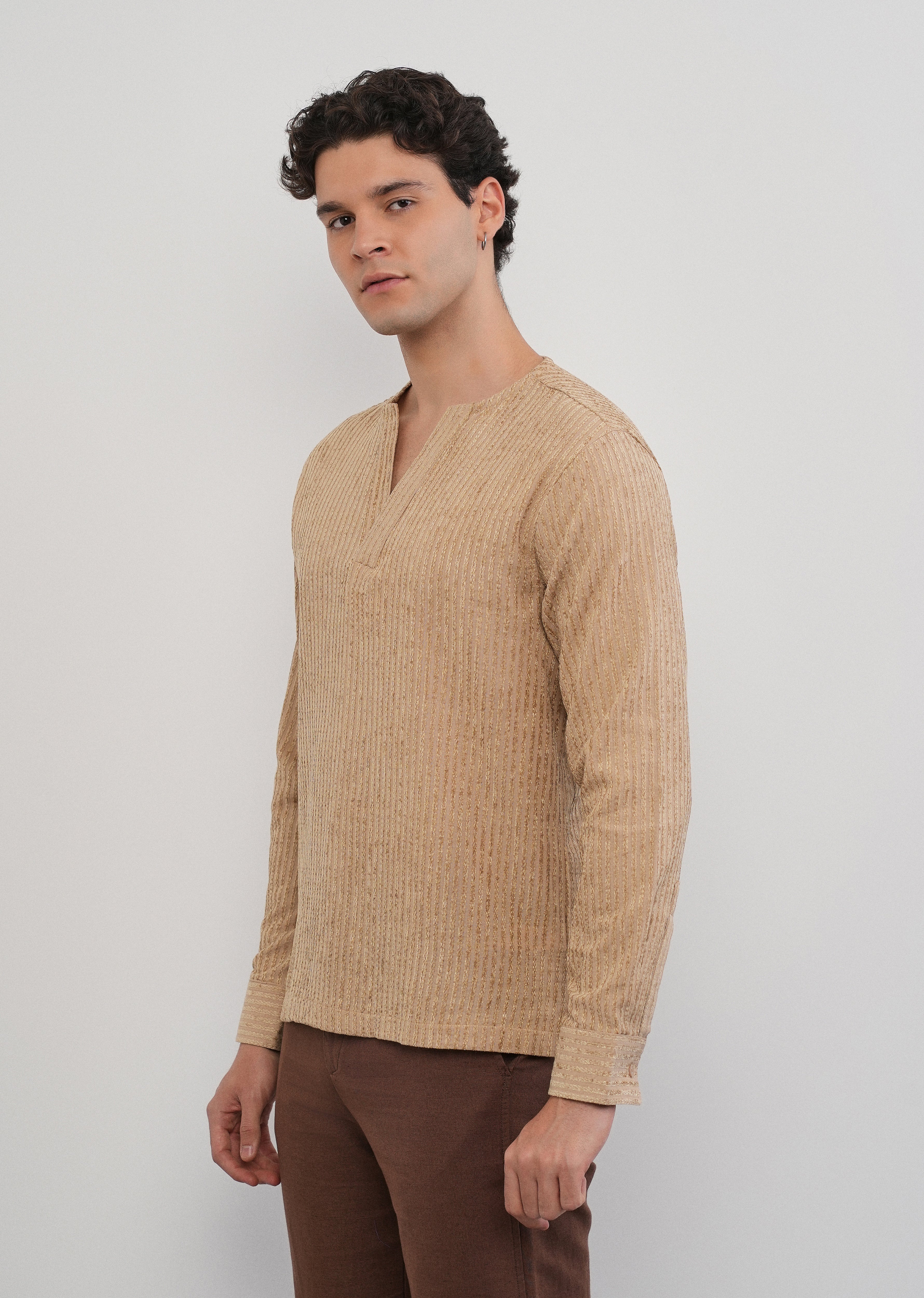 Tan Jacquard Stripe Short Kurta