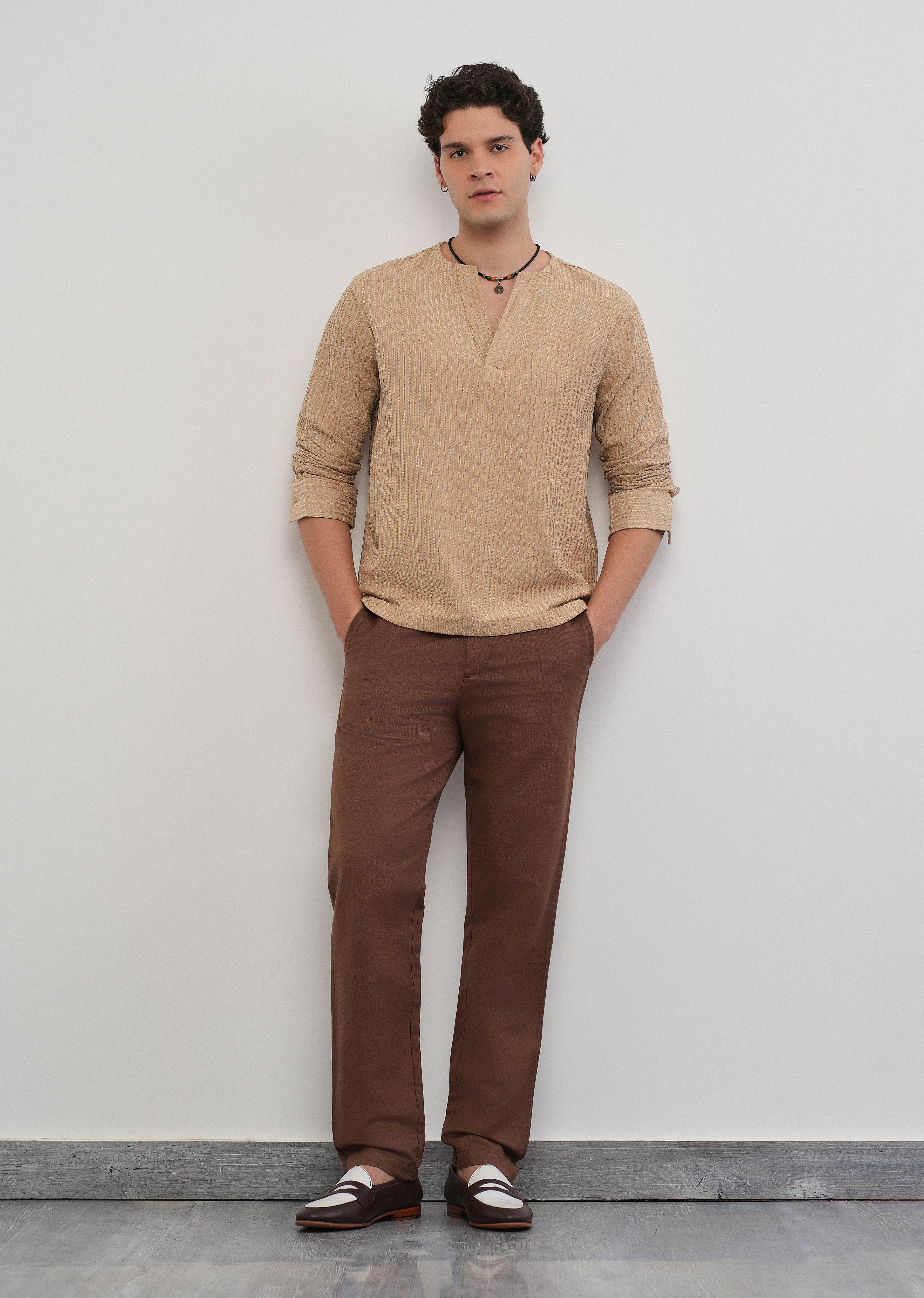 Tan Jacquard Stripe Short Kurta