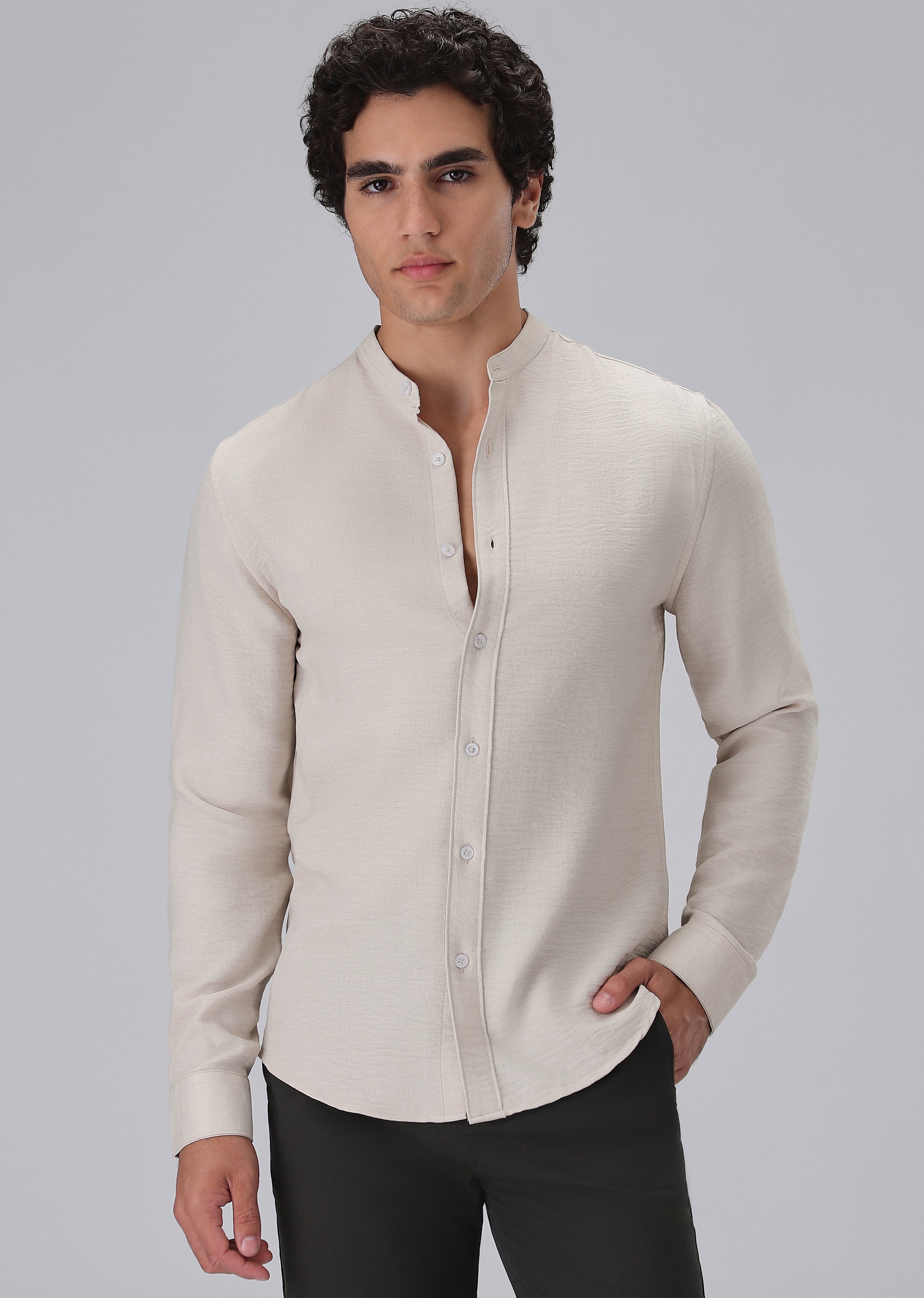 Tan Plain Mandarin Collar Shirt