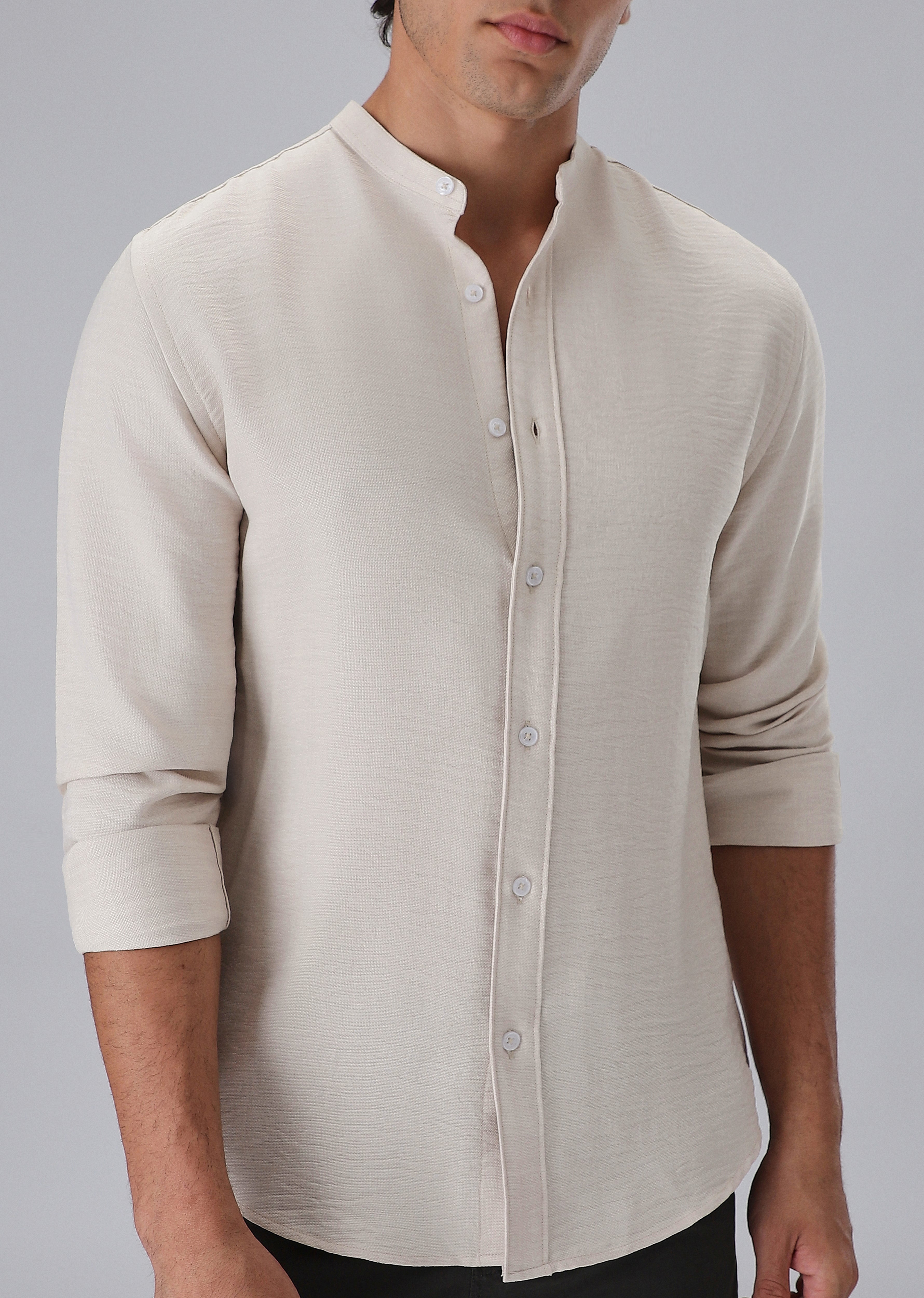 Tan Plain Mandarin Collar Shirt