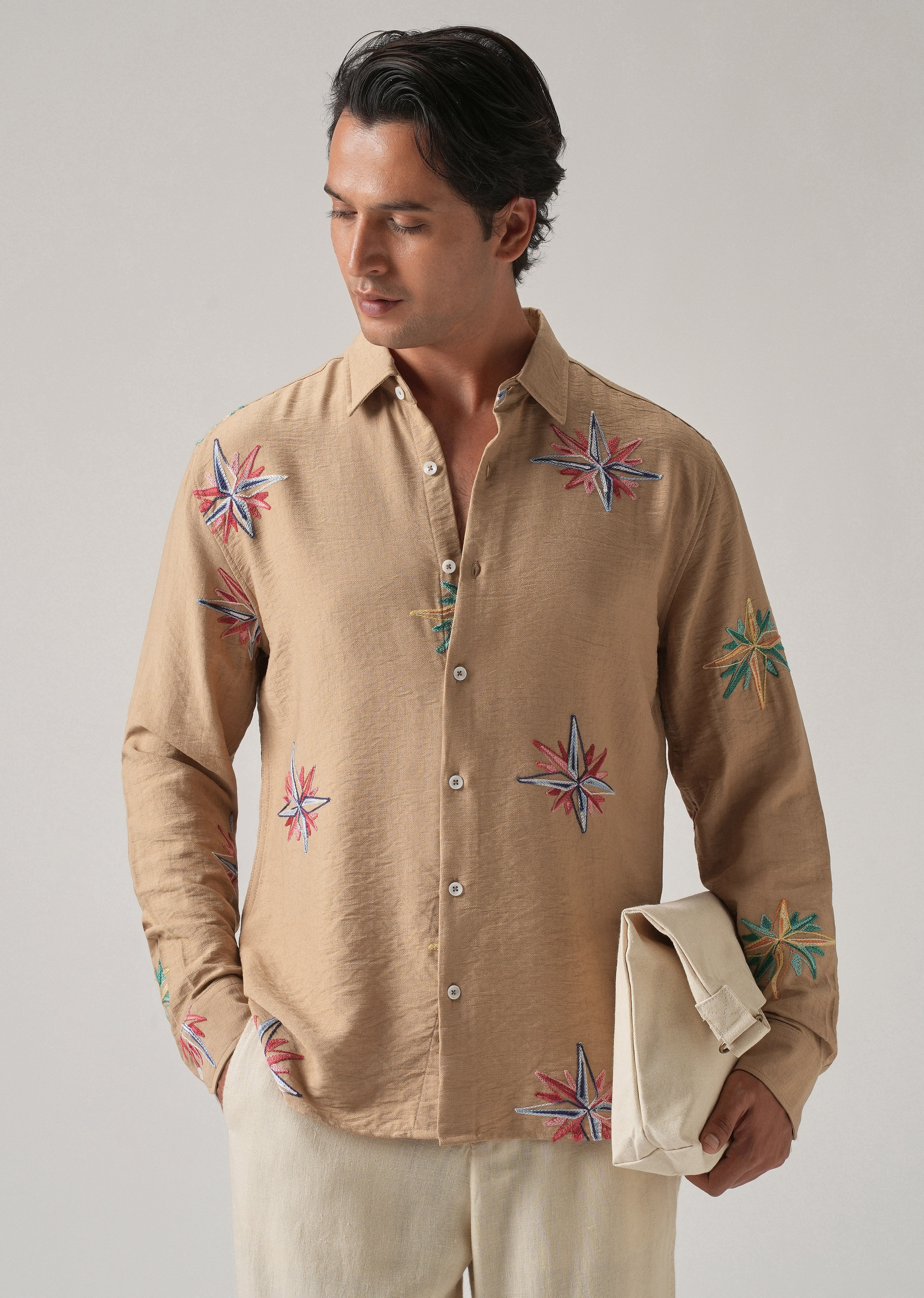 Tan Nautical Star Embroidery Shirt