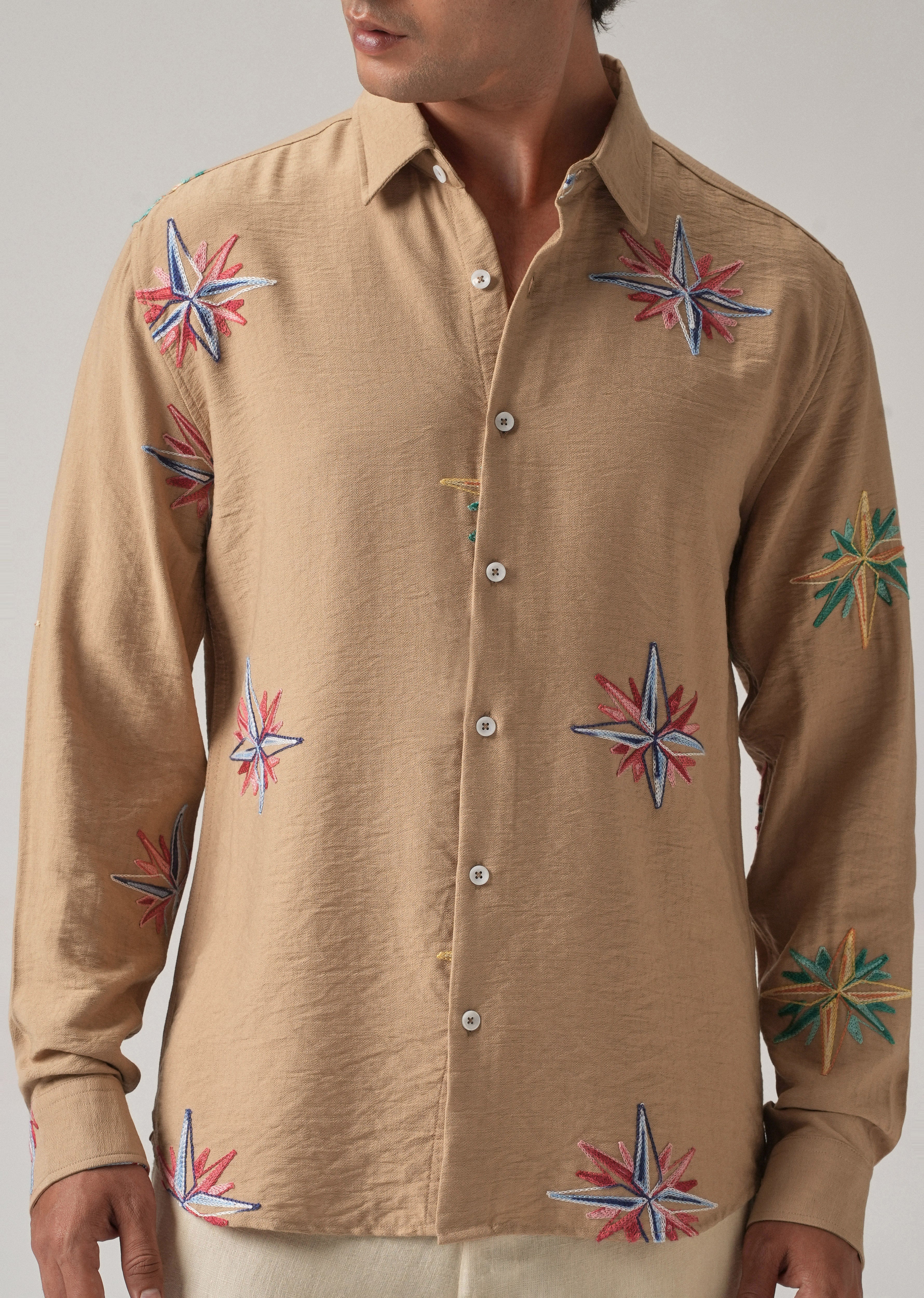 Tan Nautical Star Embroidery Shirt
