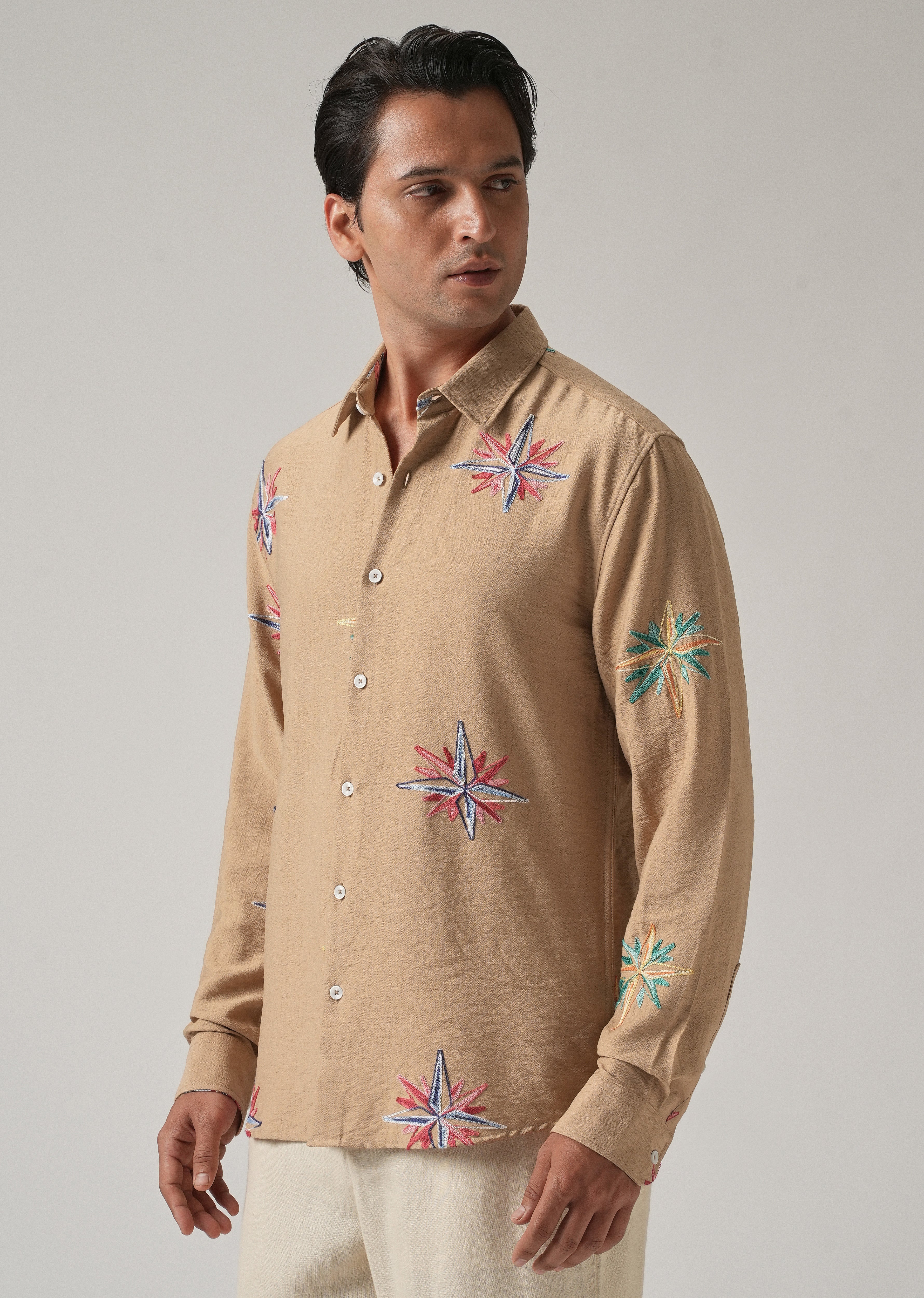 Tan Nautical Star Embroidery Shirt