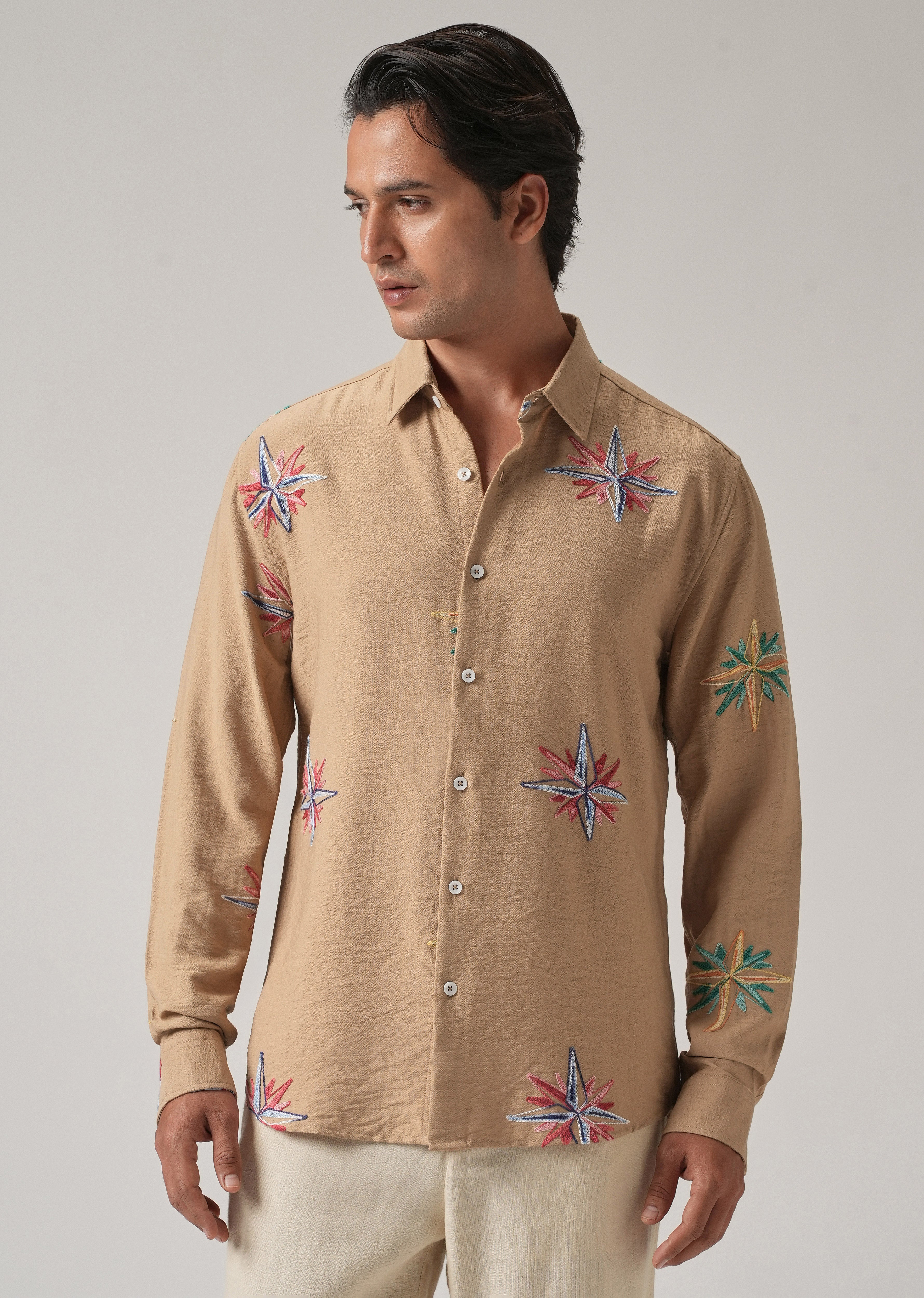 Tan Nautical Star Embroidery Shirt
