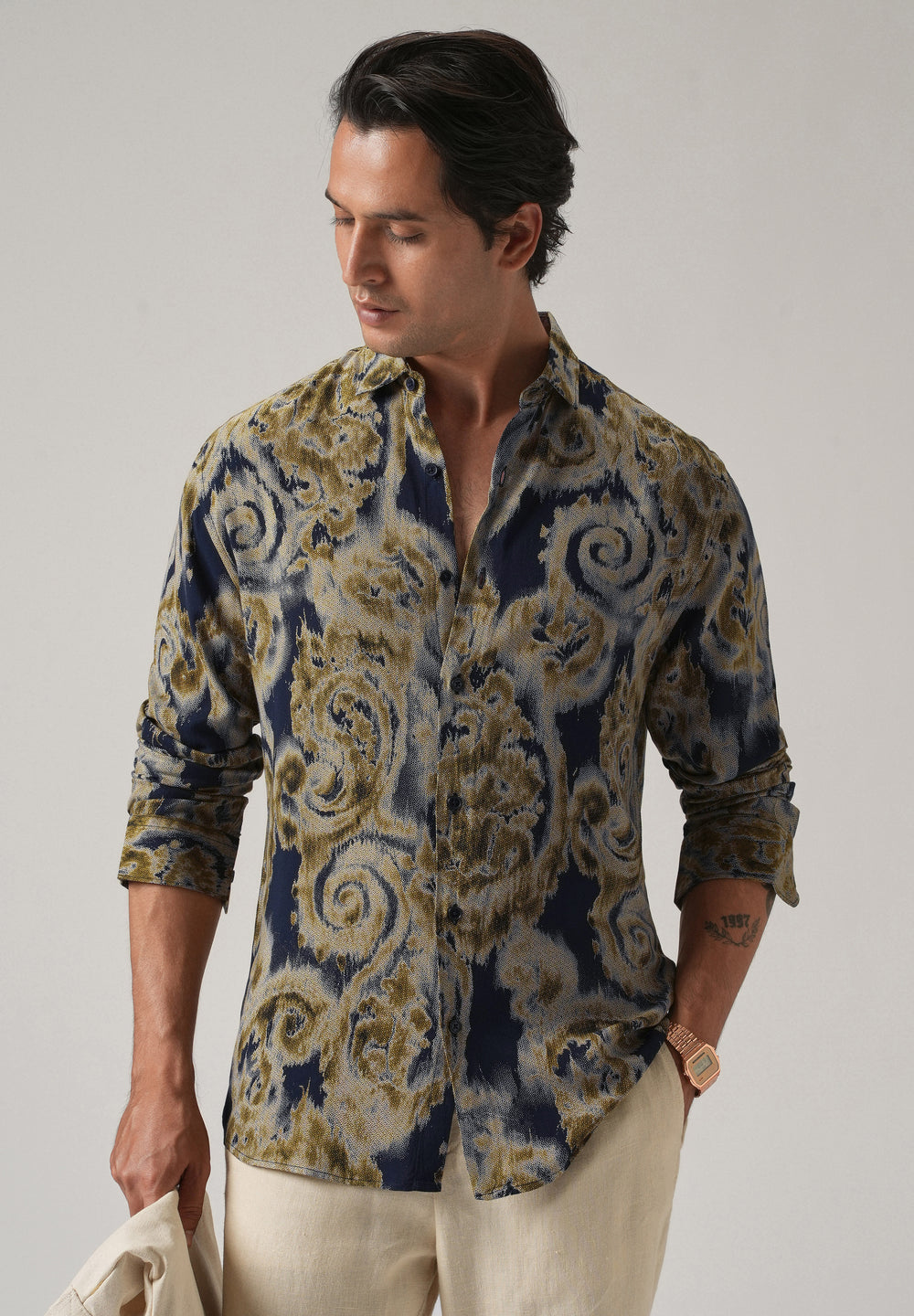 Tan Olive Distort Paisley Print Feather Shirt