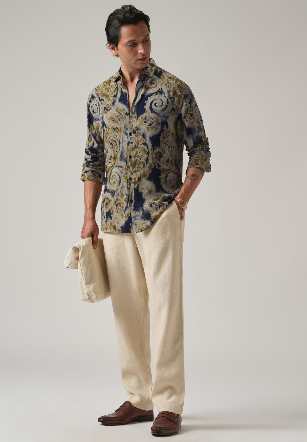 Tan Olive Distort Paisley Print Feather Shirt