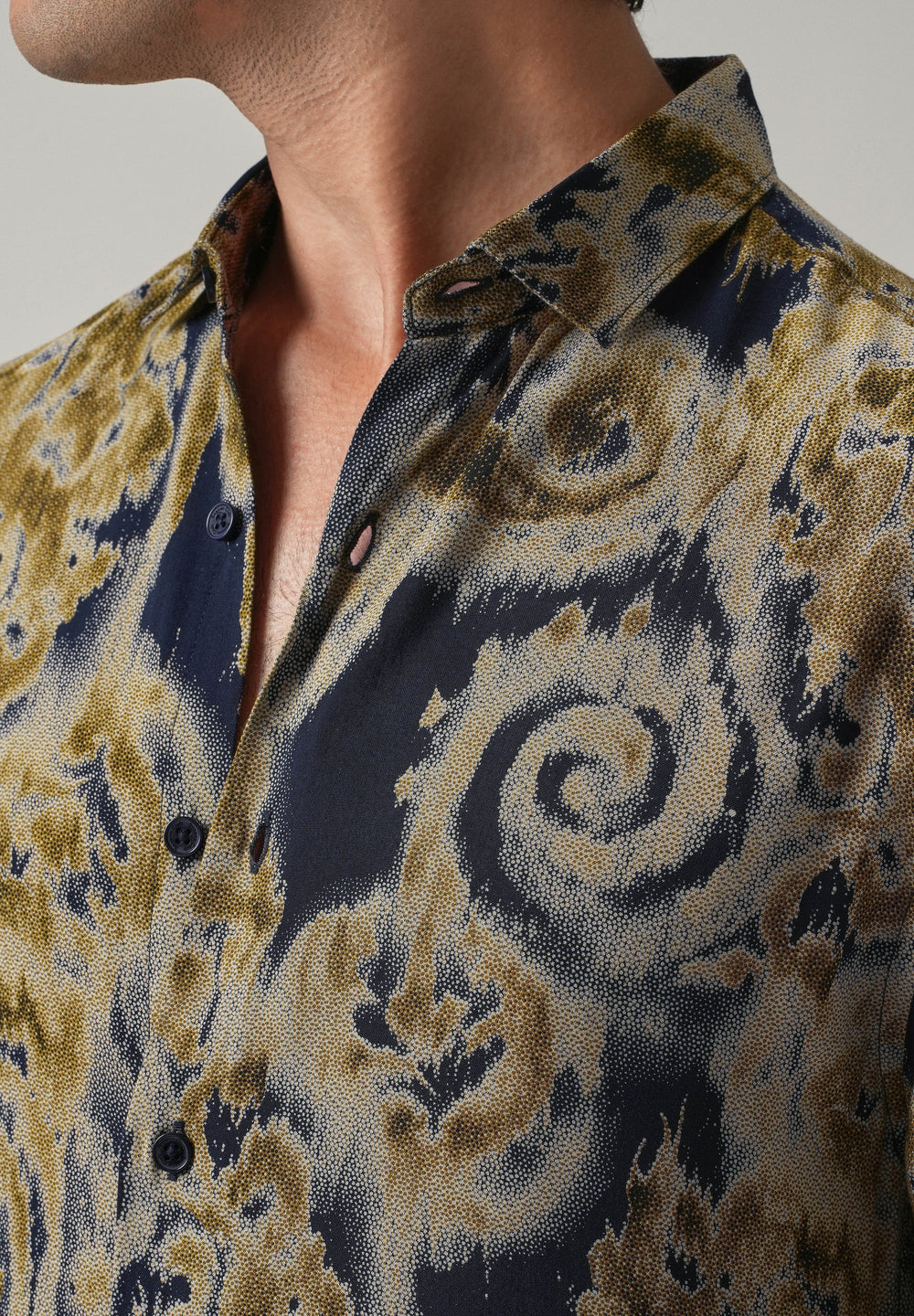 Tan Olive Distort Paisley Print Feather Shirt