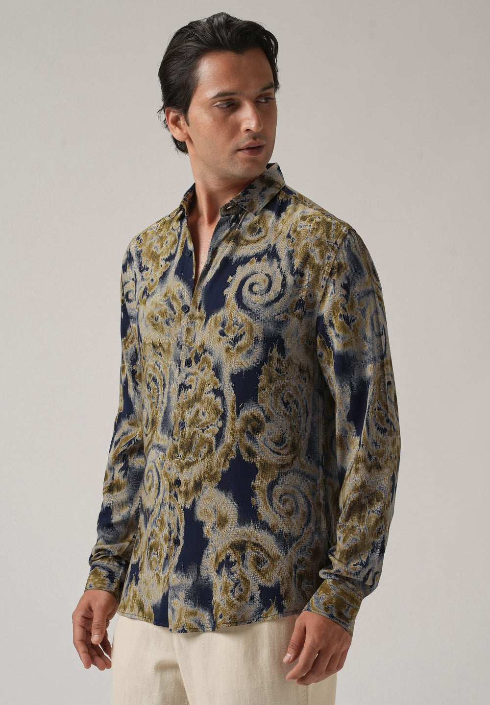 Tan Olive Distort Paisley Print Feather Shirt