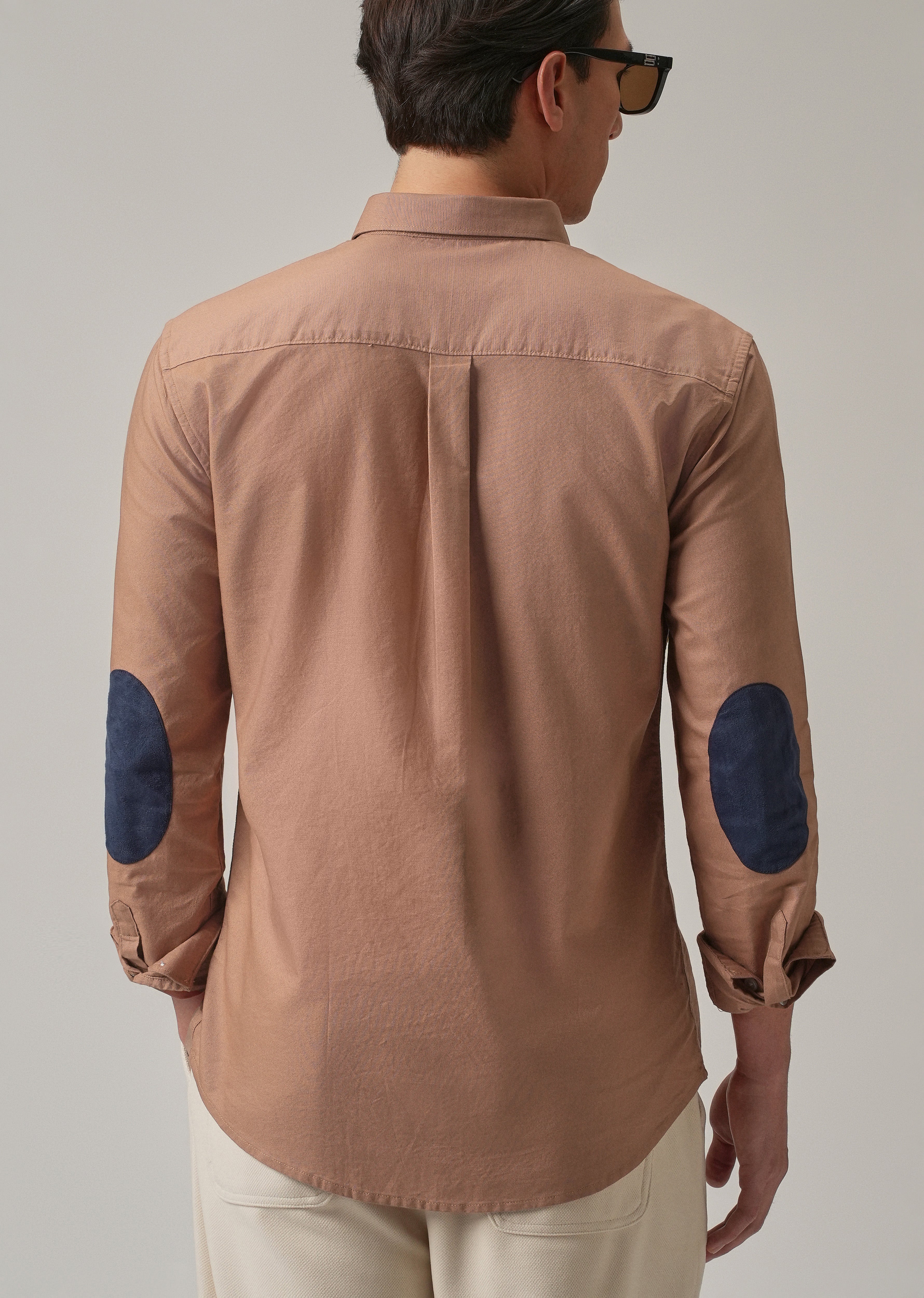 Tan Peach Plain Elbow Patch Oxford Shirt