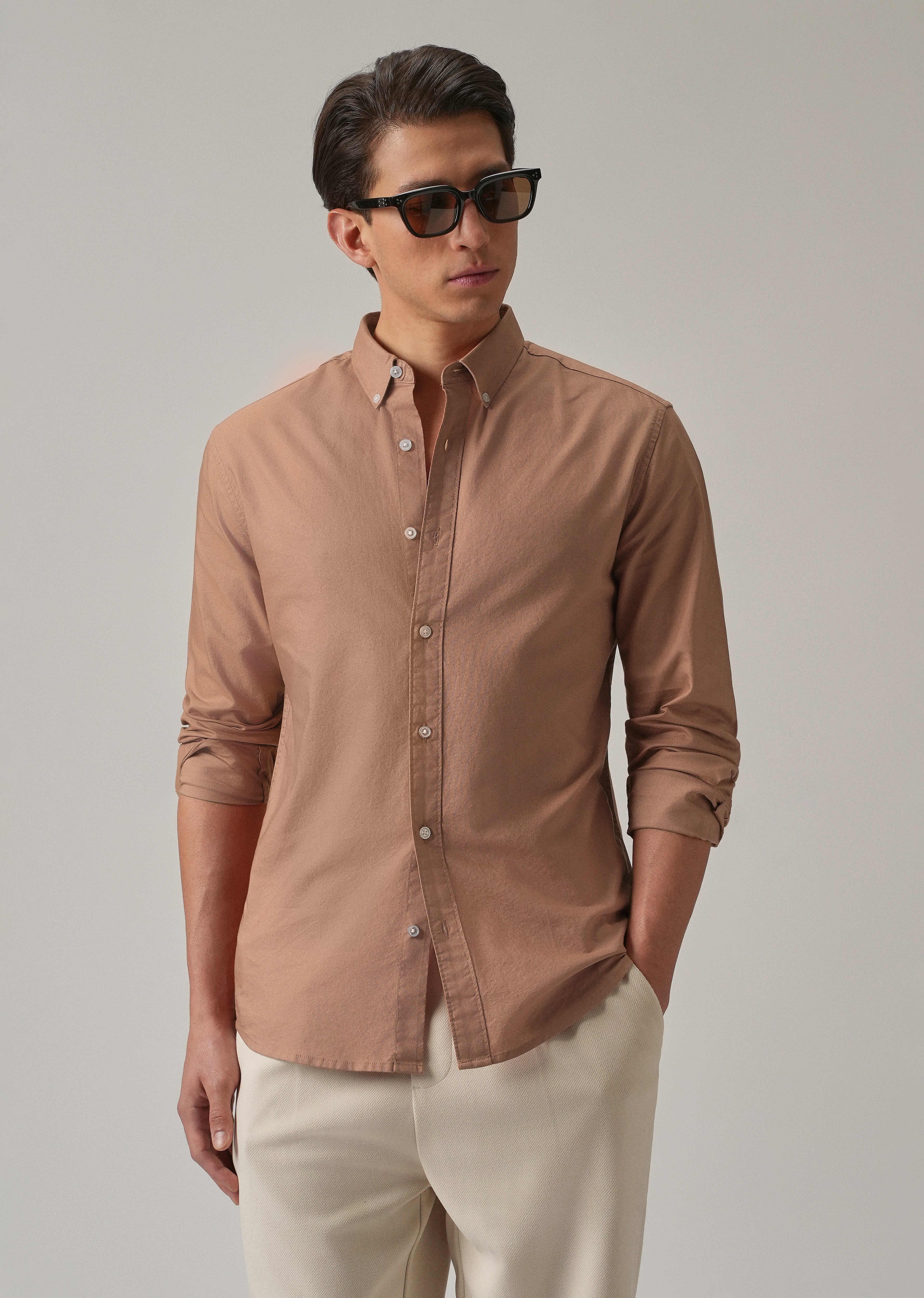 Tan Peach Plain Elbow Patch Oxford Shirt