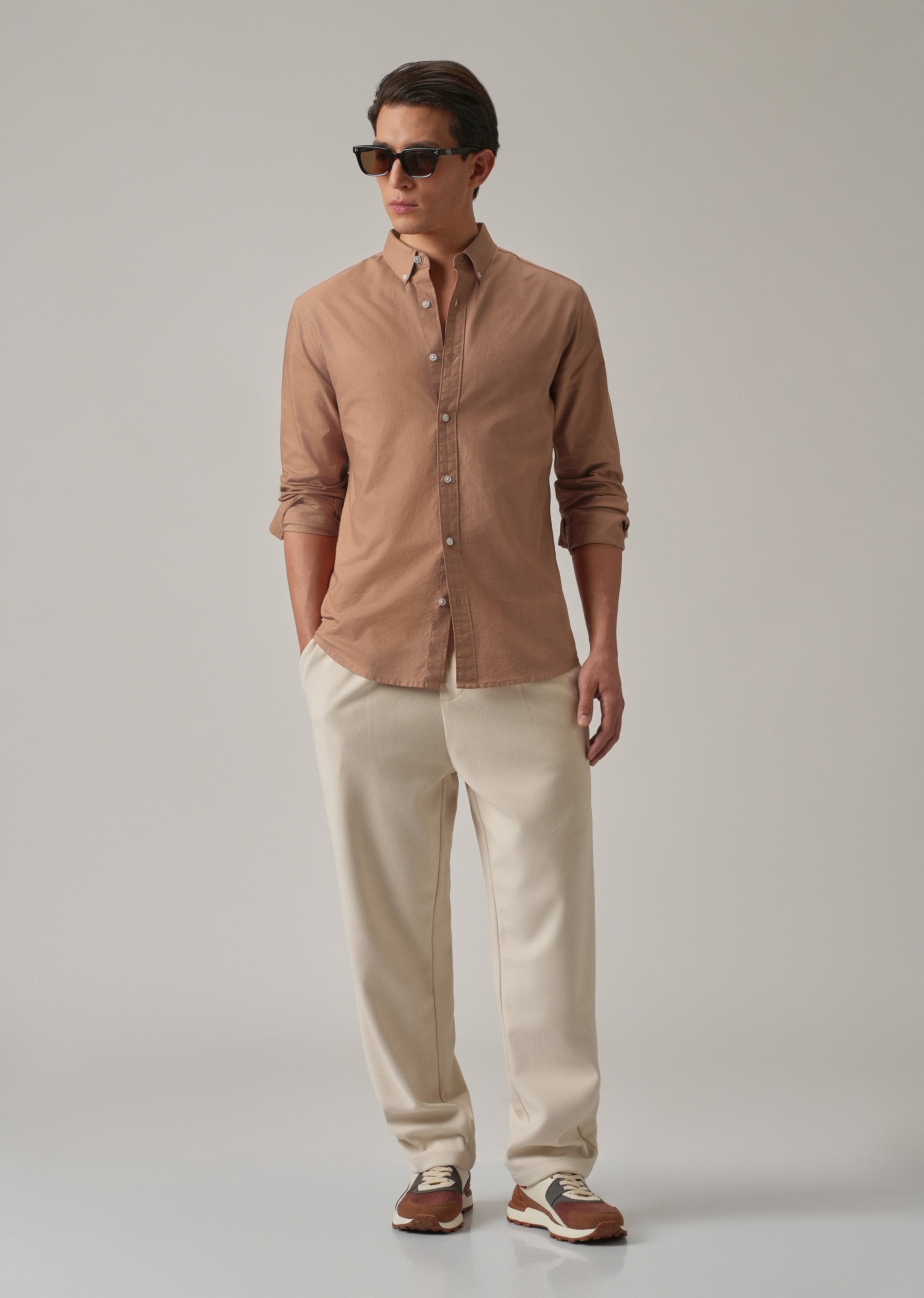 Tan Peach Plain Elbow Patch Oxford Shirt