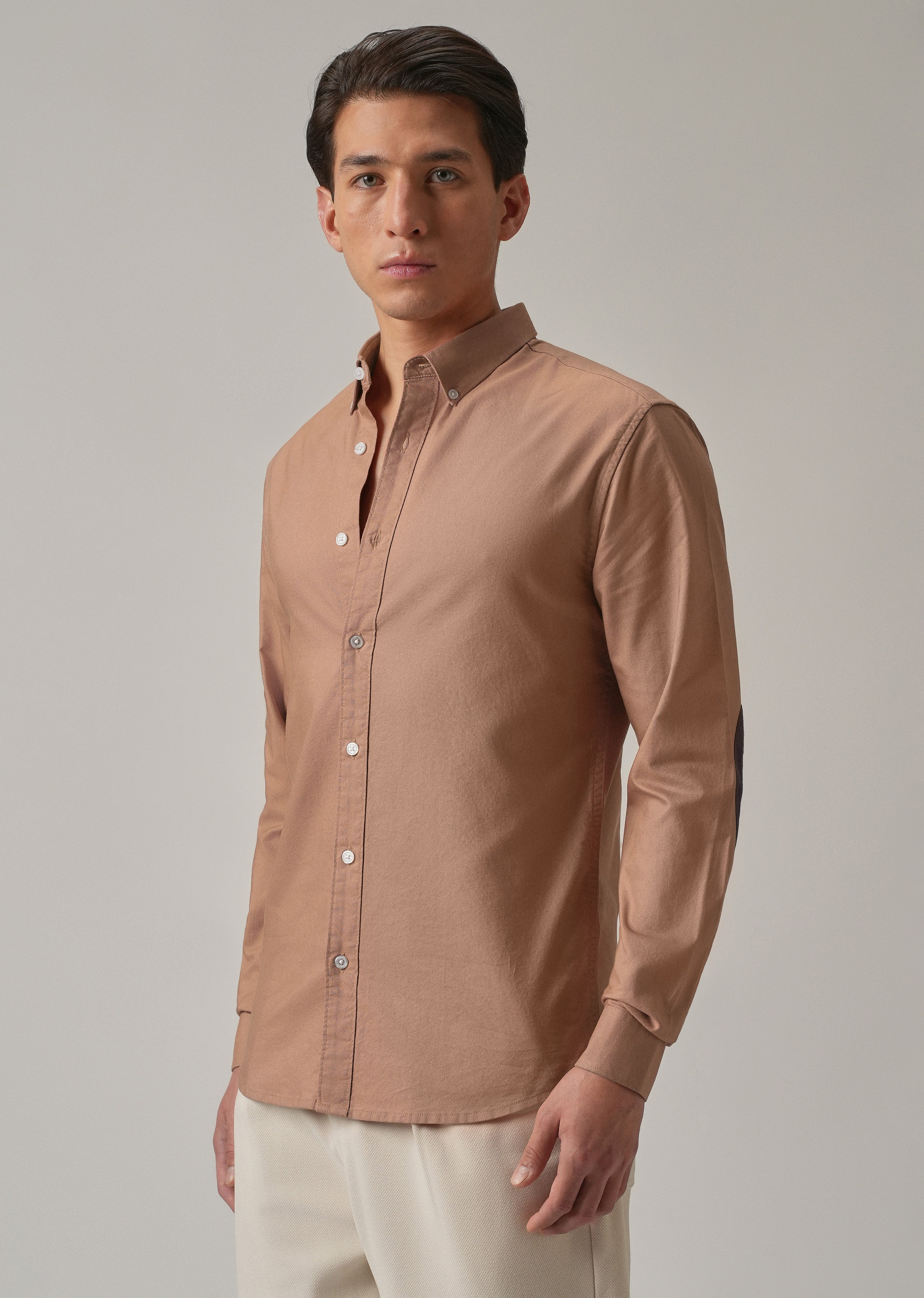 Tan Peach Plain Elbow Patch Oxford Shirt