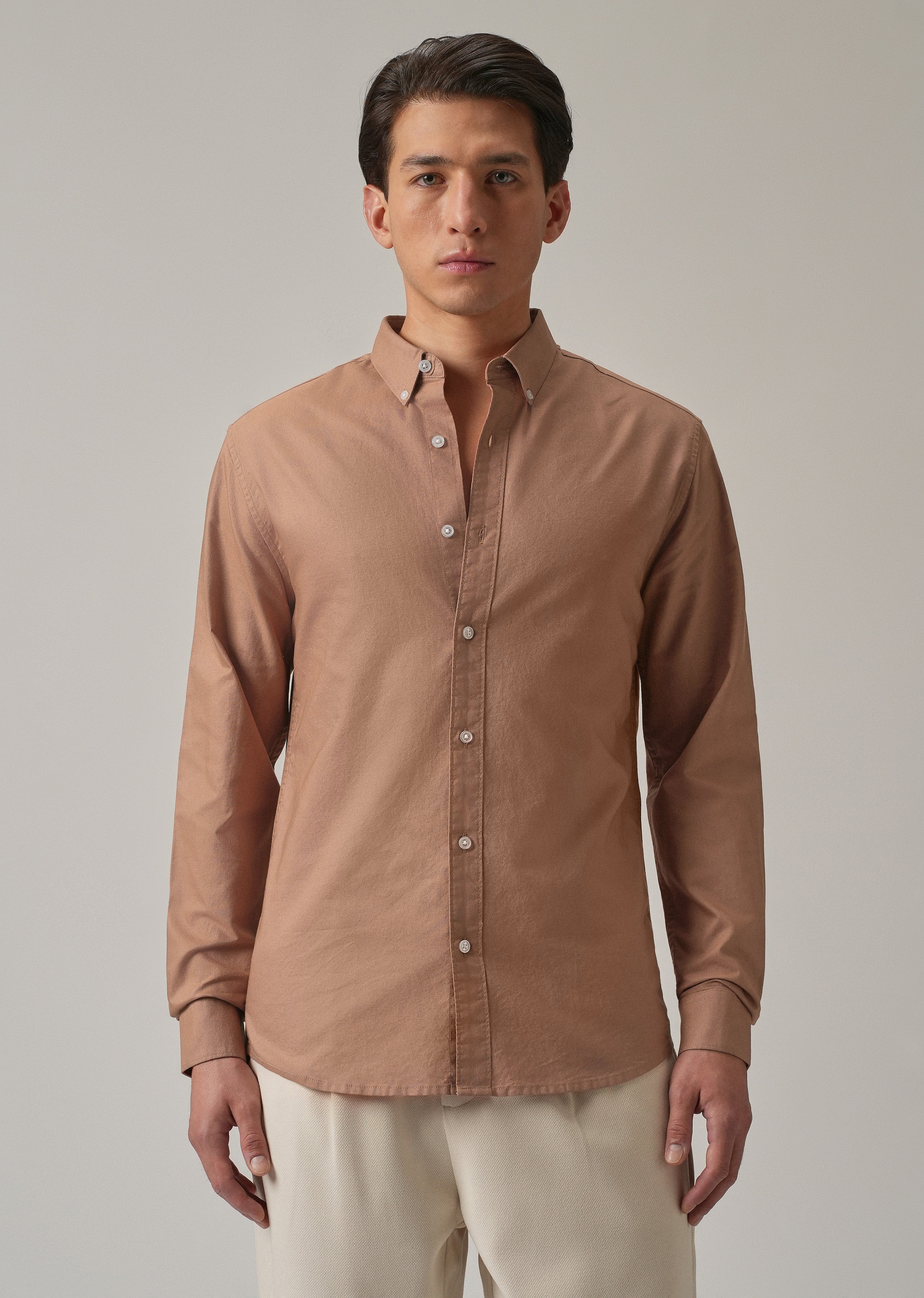Tan Peach Plain Elbow Patch Oxford Shirt