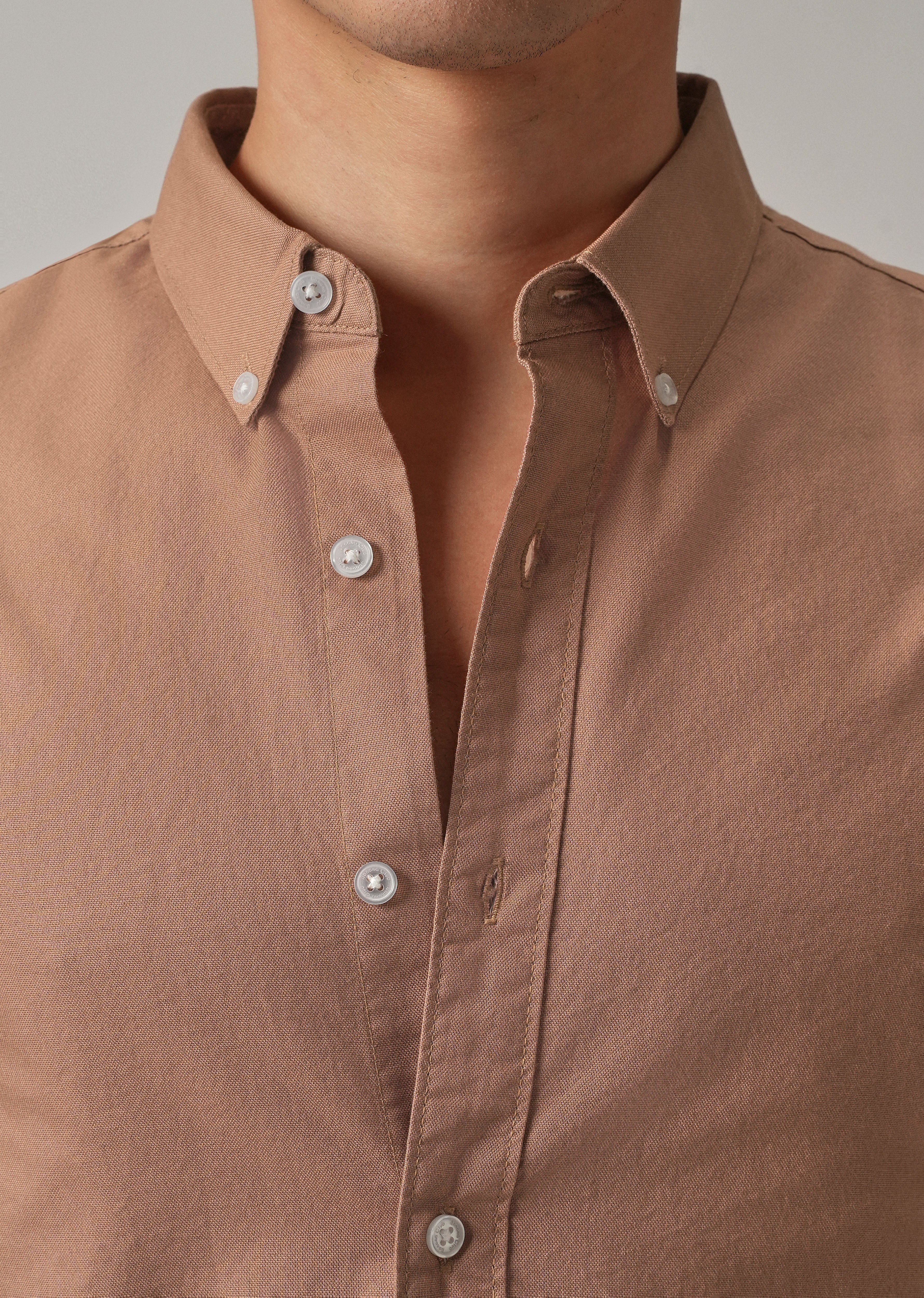 Tan Peach Plain Elbow Patch Oxford Shirt
