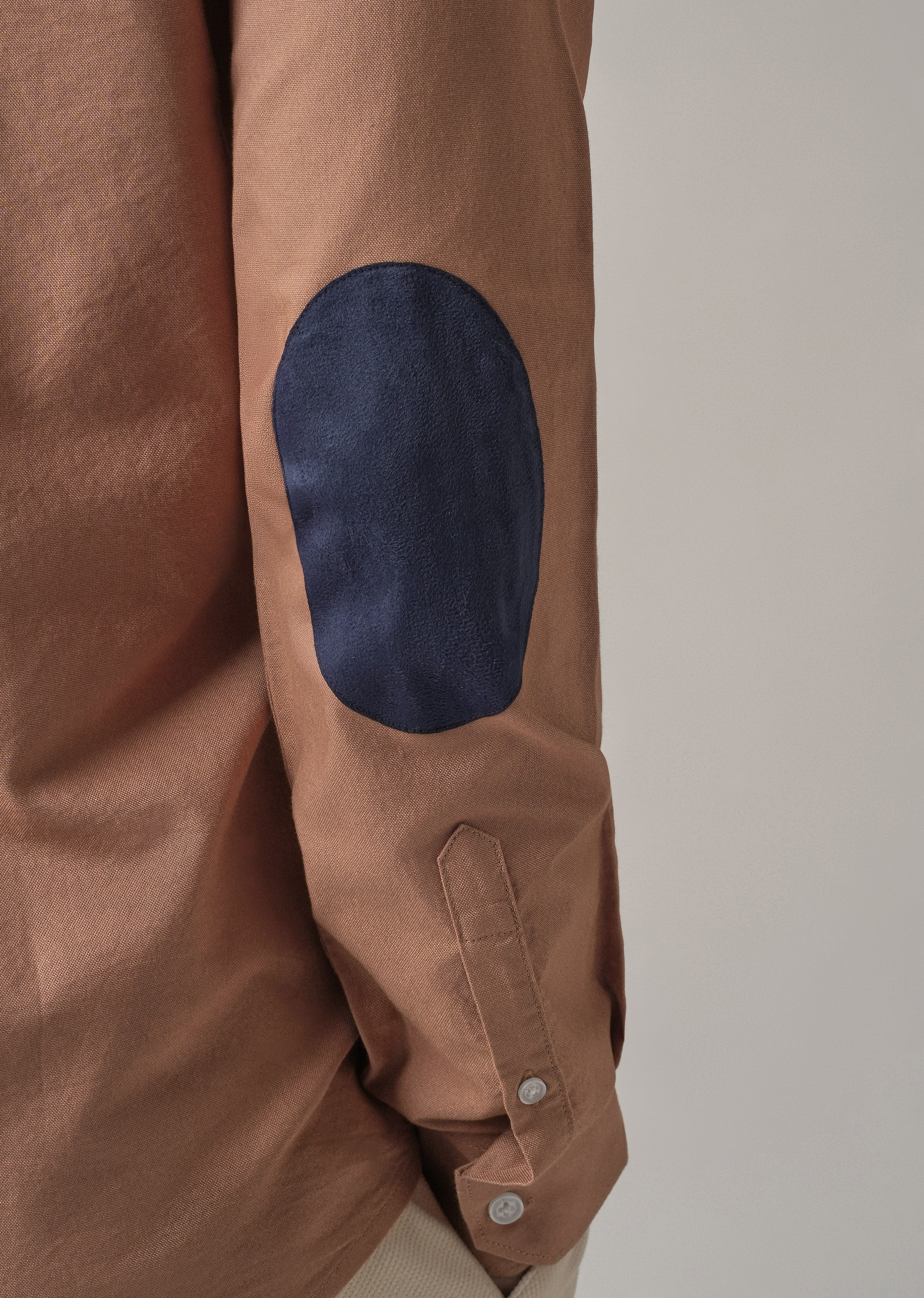 Tan Peach Plain Elbow Patch Oxford Shirt