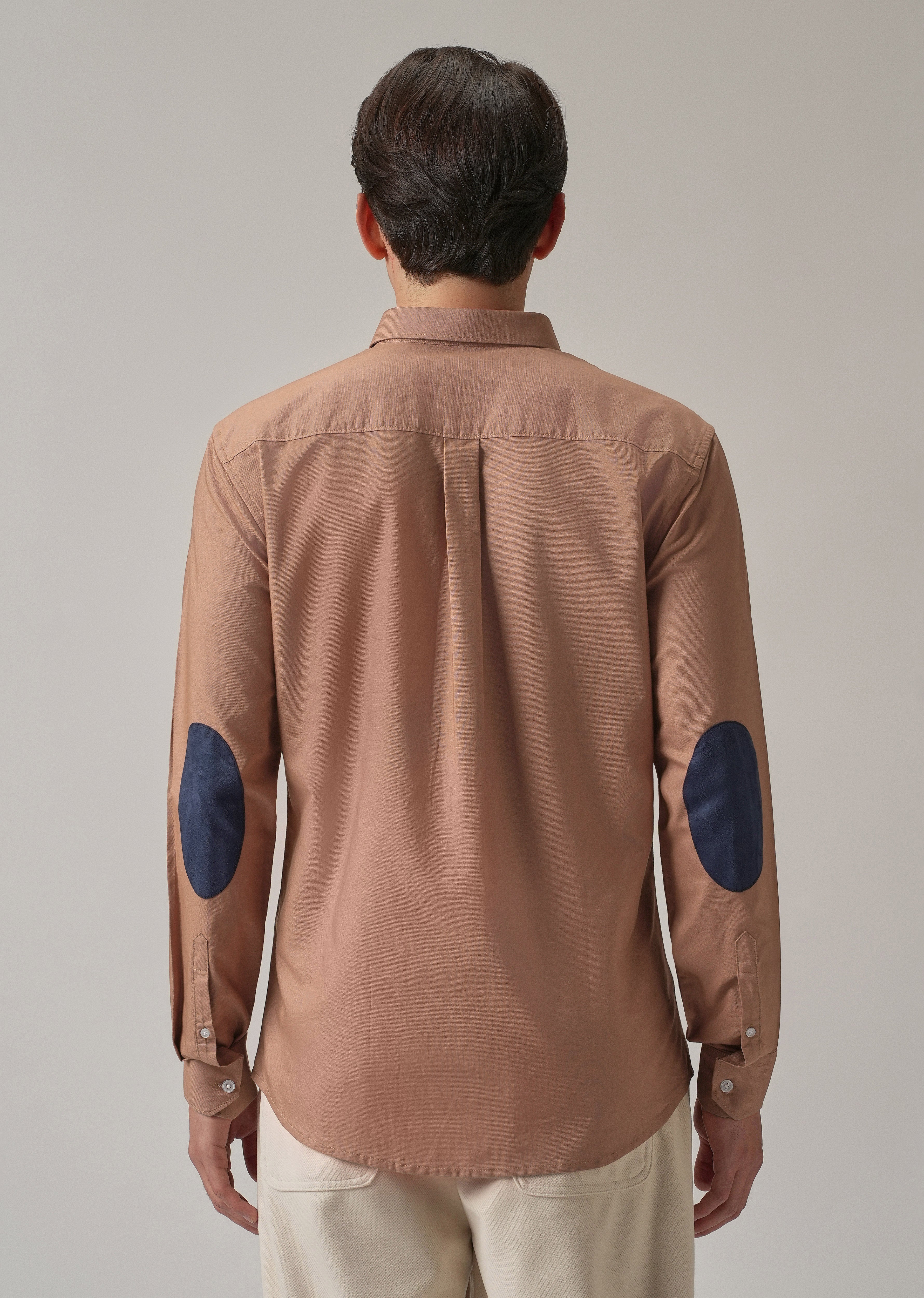 Tan Peach Plain Elbow Patch Oxford Shirt
