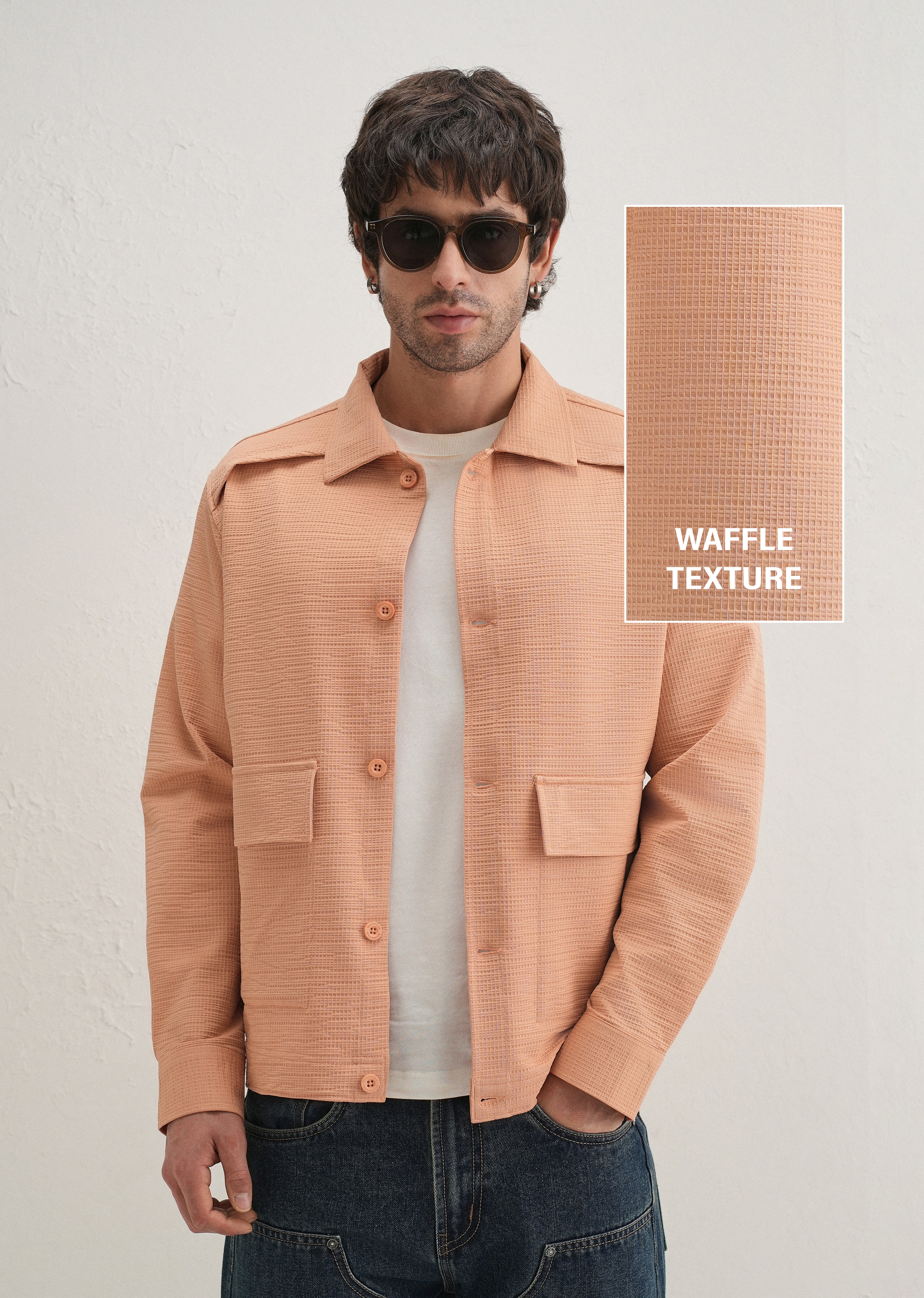 Tan Peach Waffle Textured Shacket