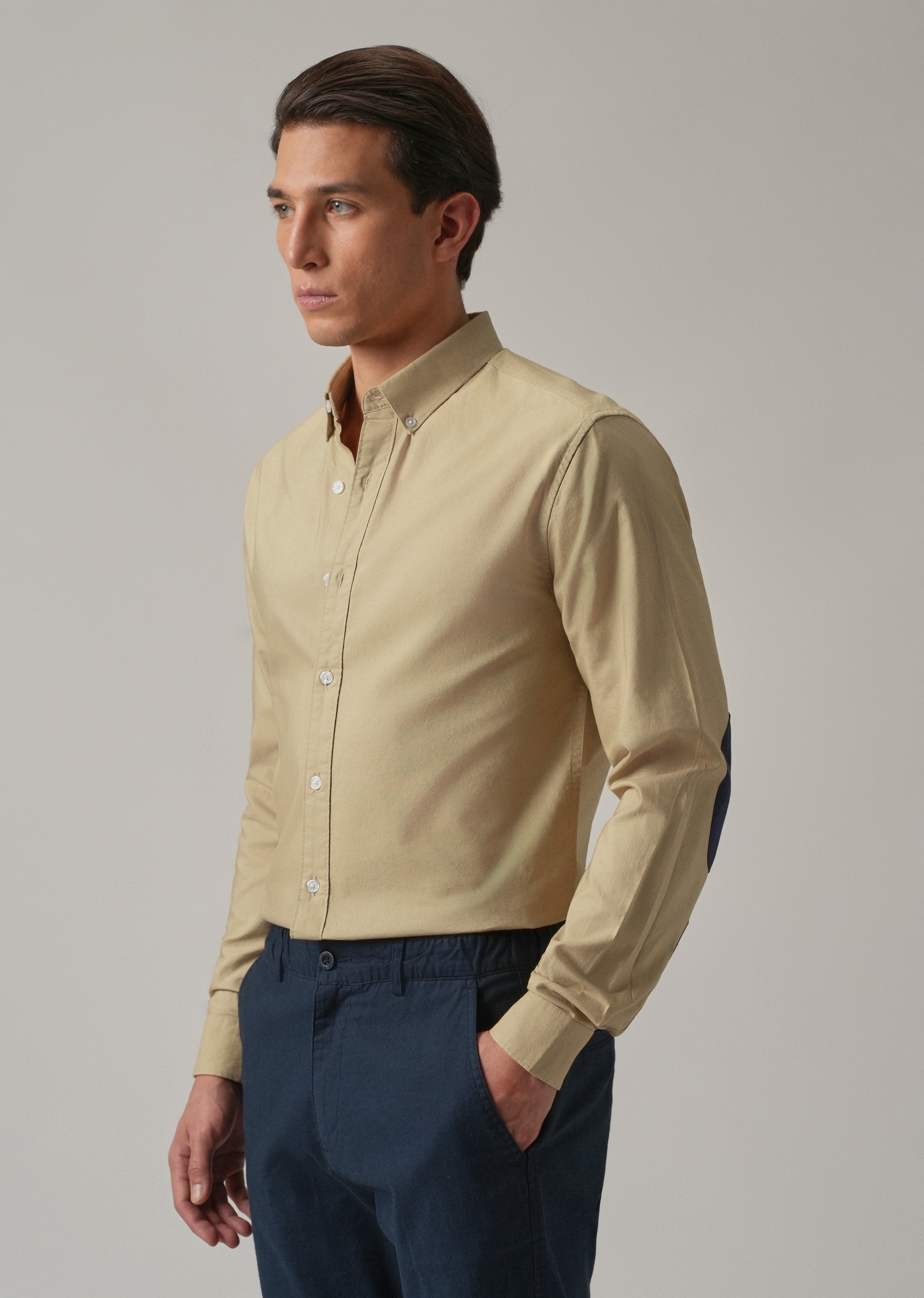 Tan Plain Elbow Patch Oxford Shirt