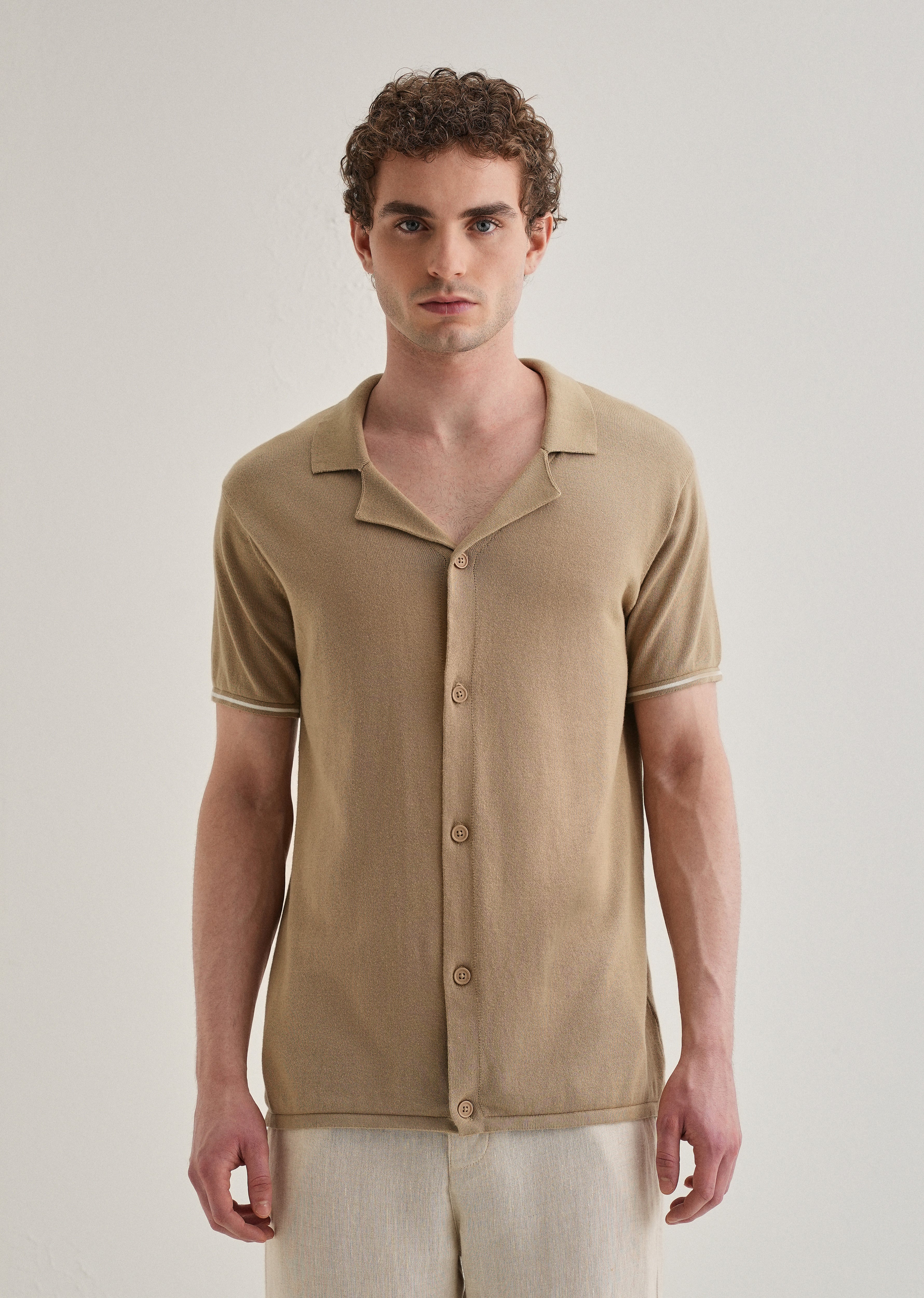 Tan Plain Knit Cuban Collar Shirt
