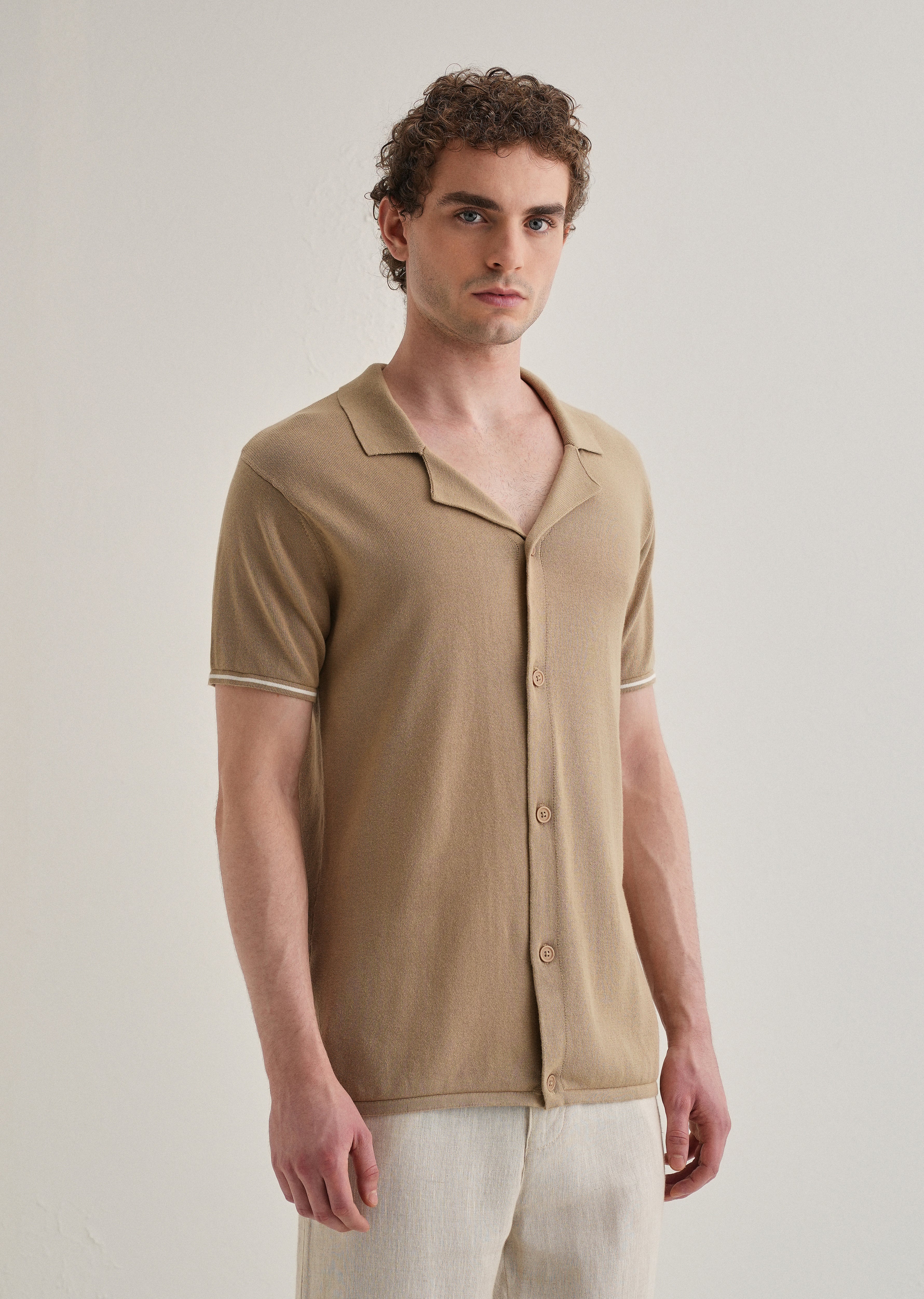 Tan Plain Knit Cuban Collar Shirt