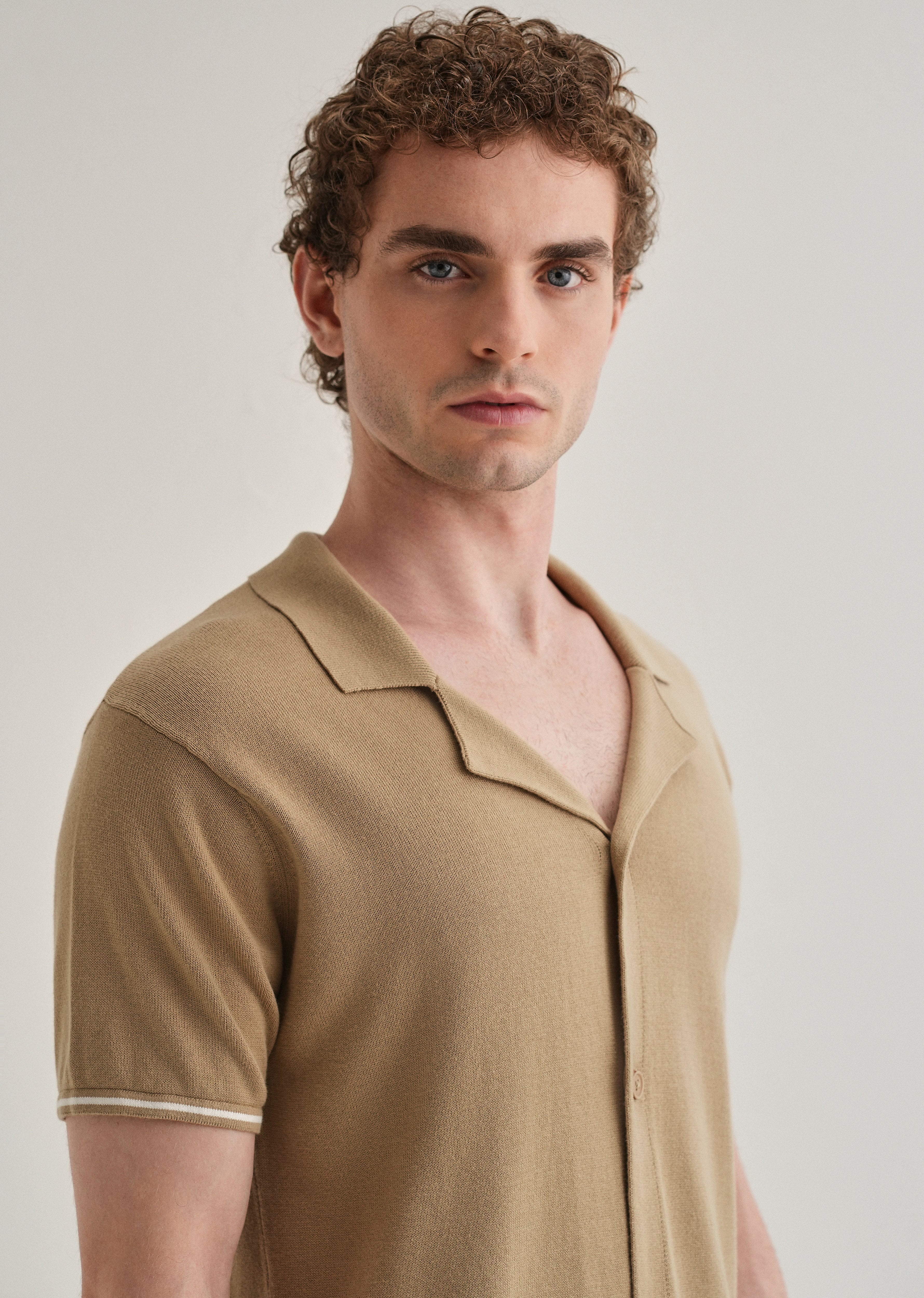 Tan Plain Knit Cuban Collar Shirt