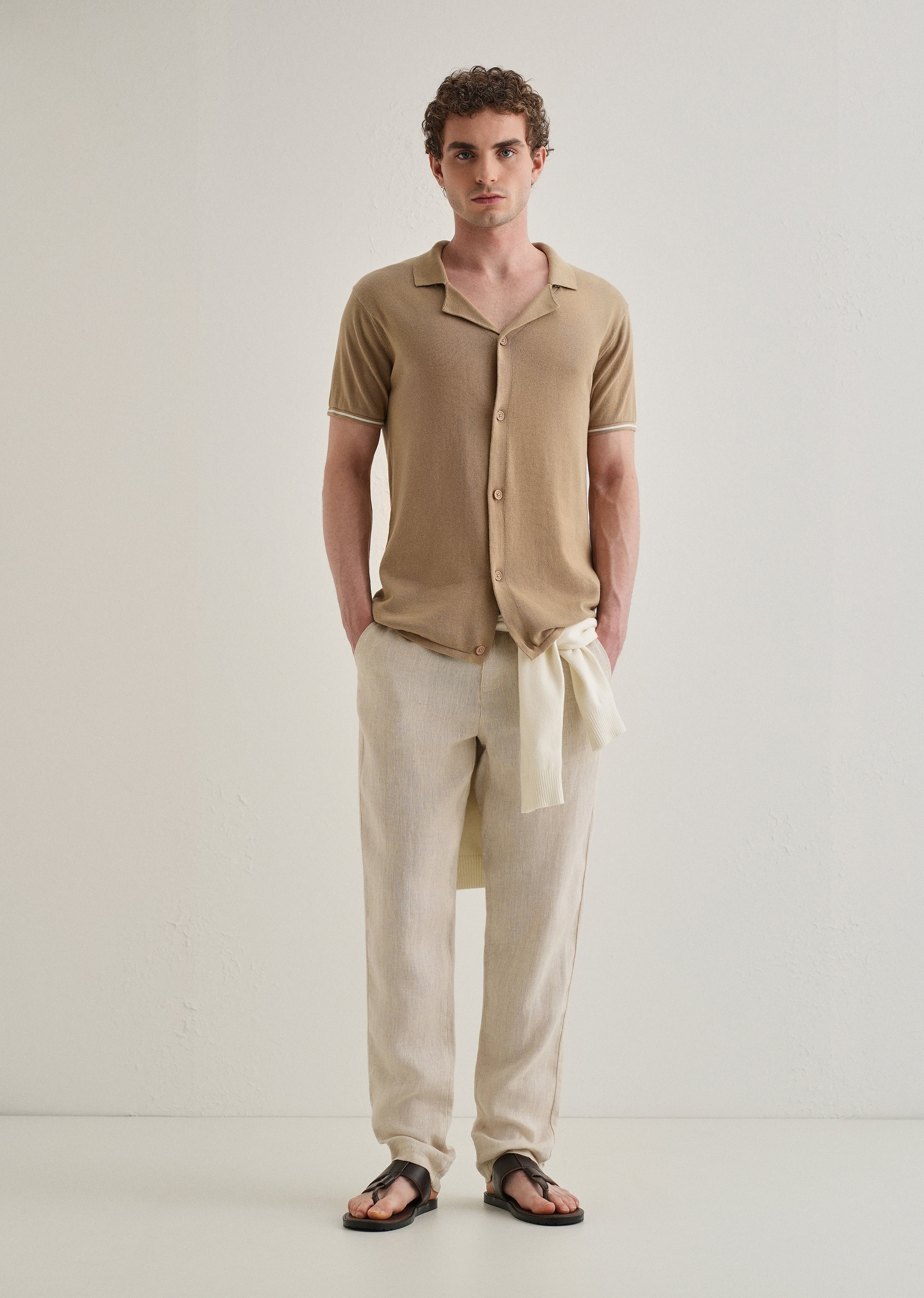 Tan Plain Knit Cuban Collar Shirt