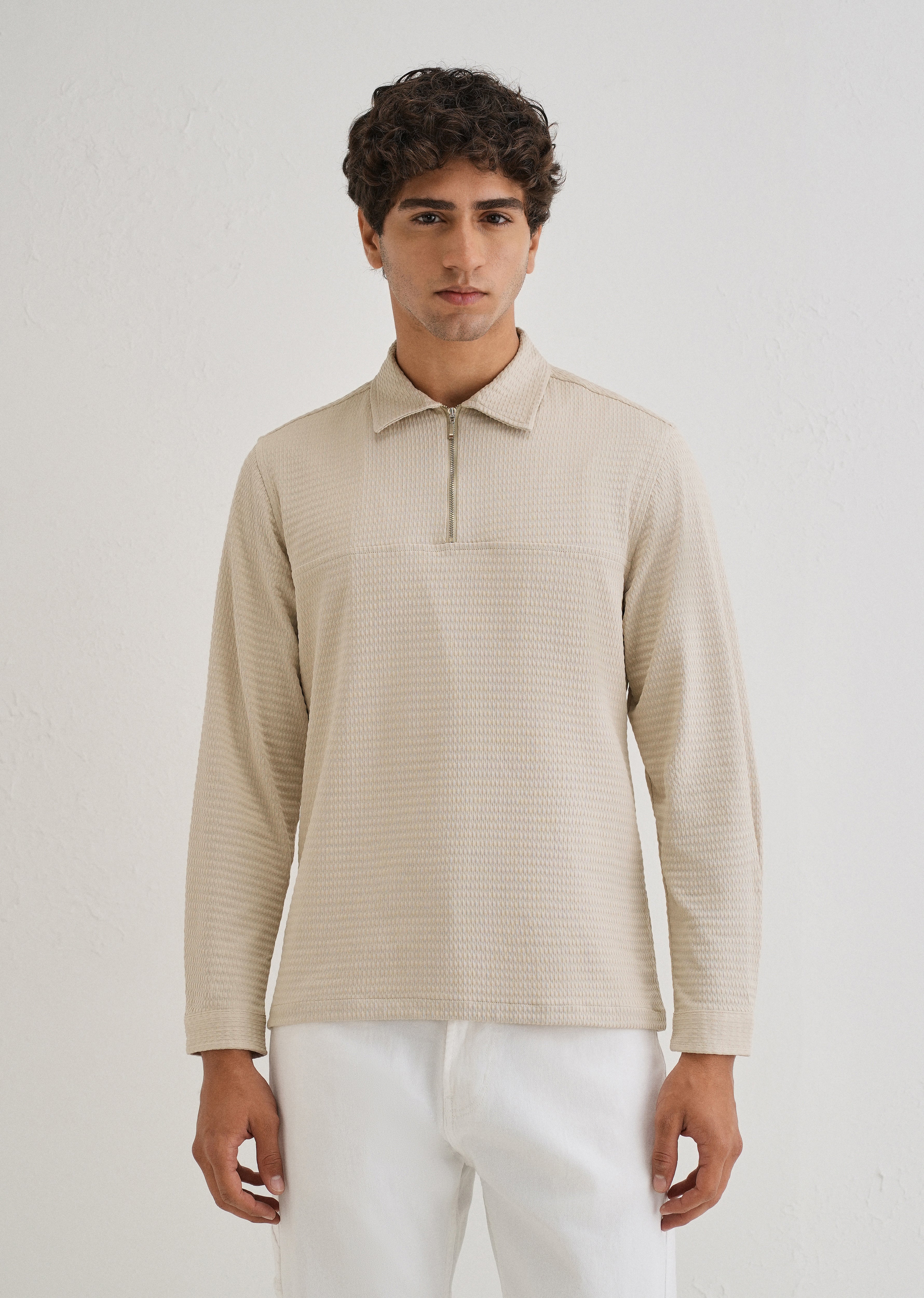 Tan Zipper Polo Knit T-shirt