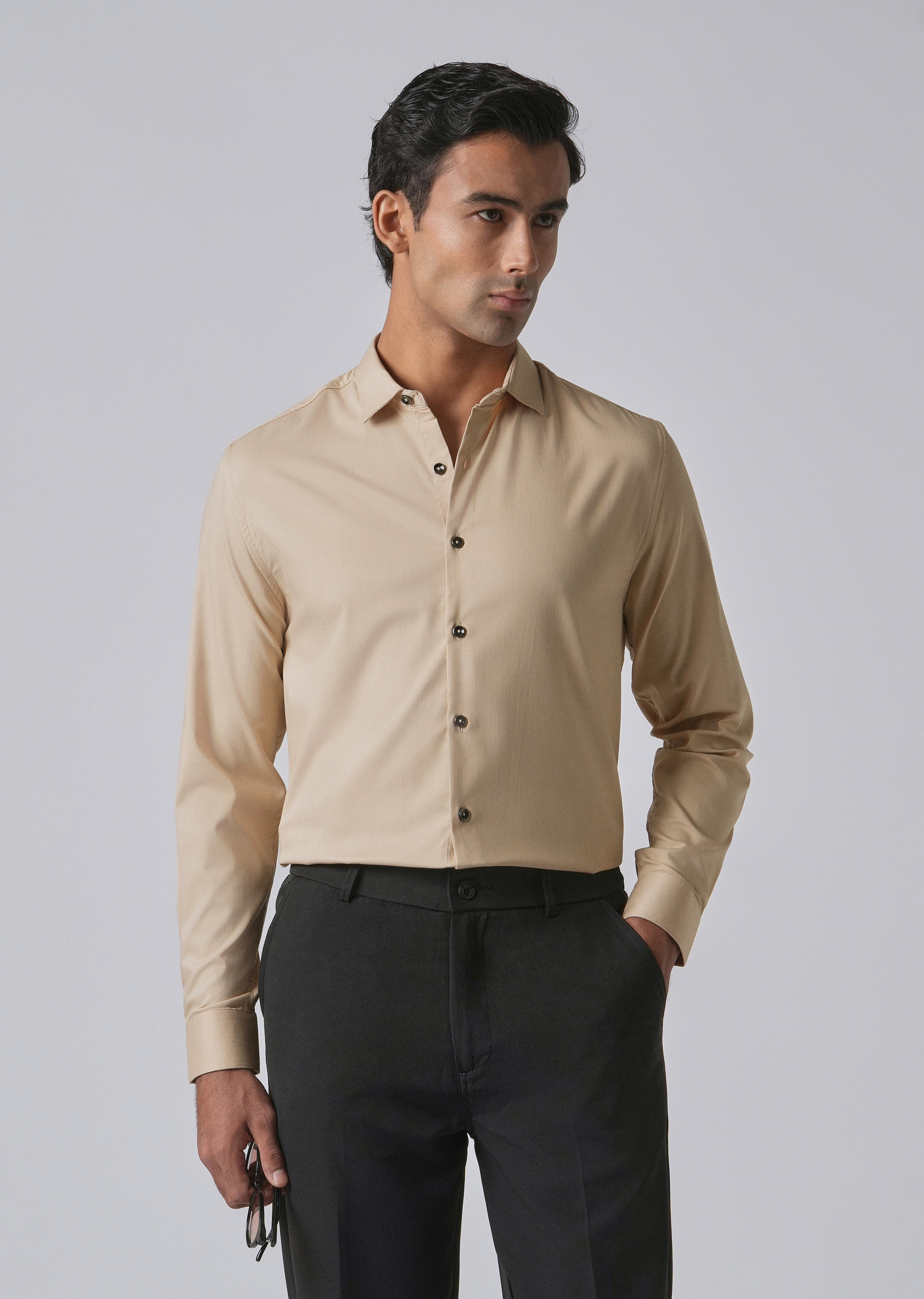 Tan Beige Cotton Stretch Plain Shirt