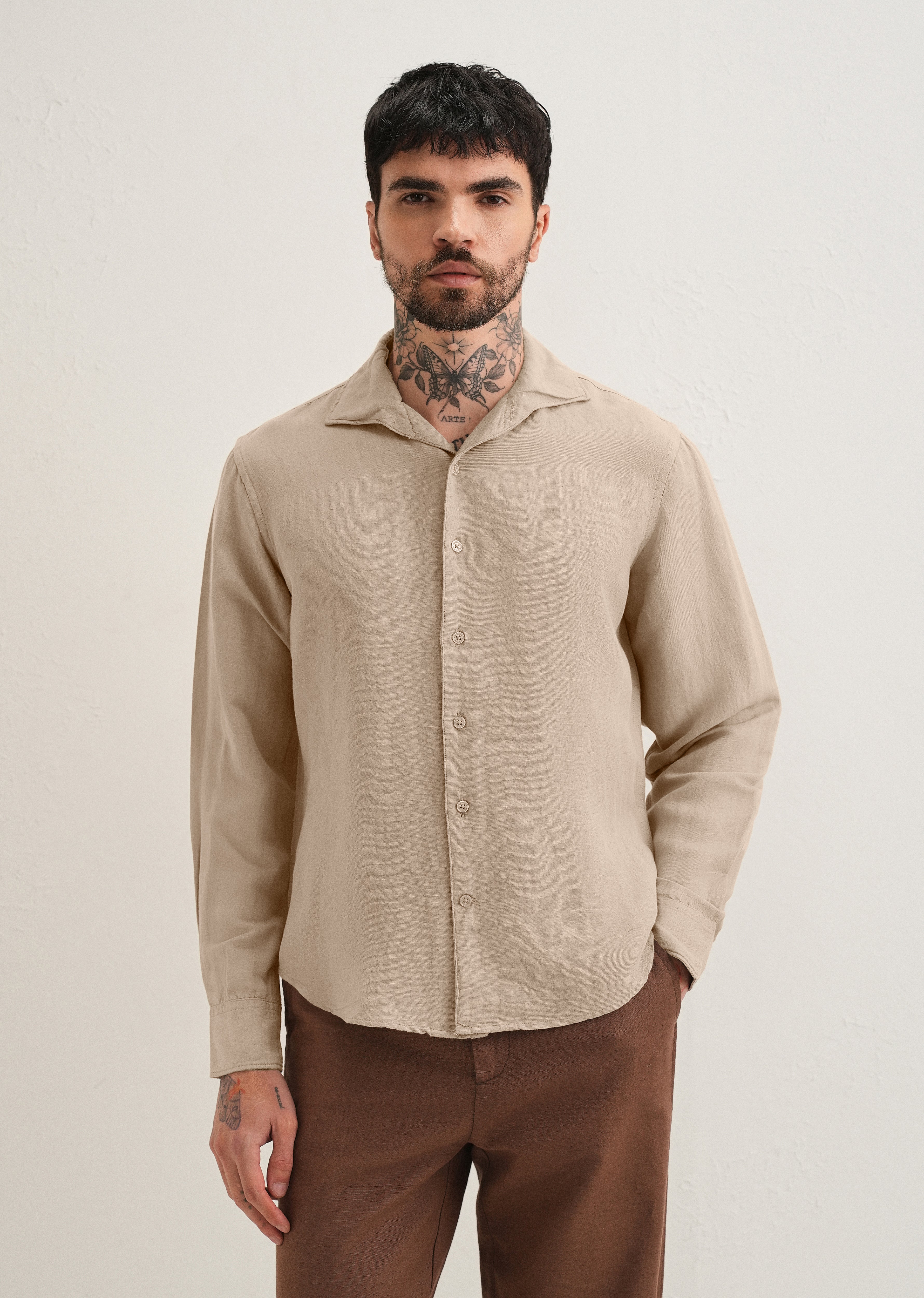 Tan Beige Plain Linen Viscose Shirt