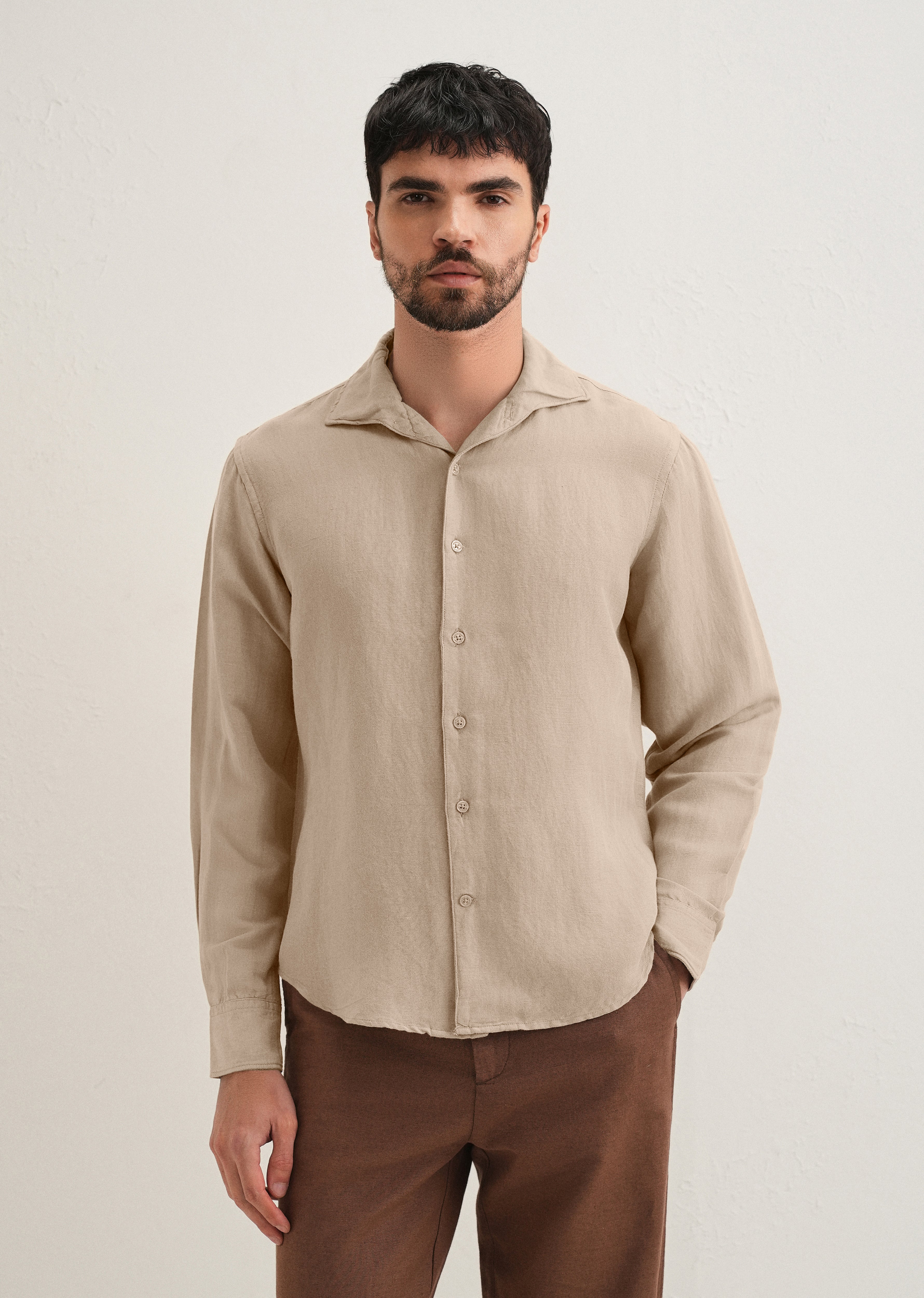 Tan Beige Plain Linen Viscose Shirt