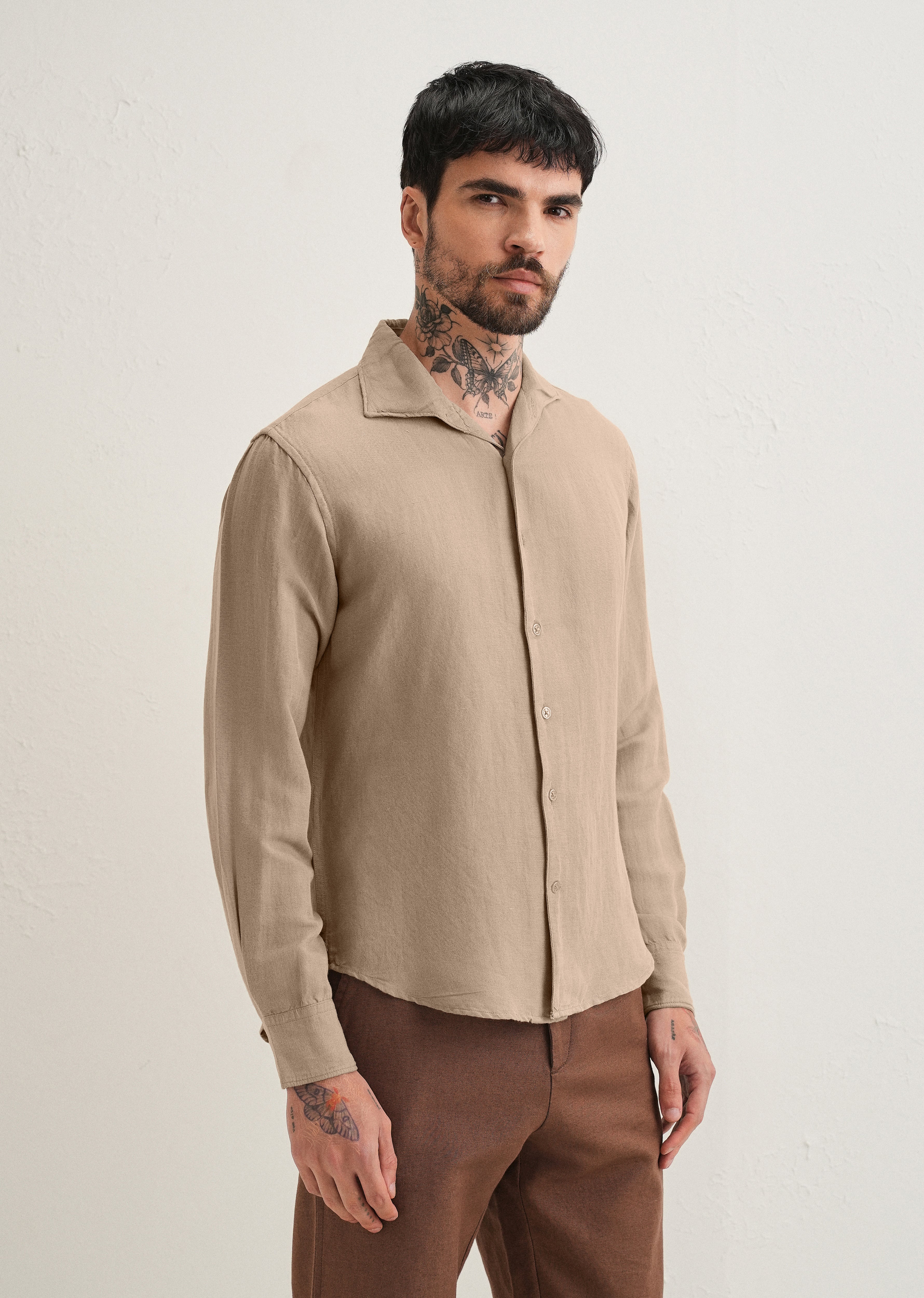 Tan Beige Plain Linen Viscose Shirt