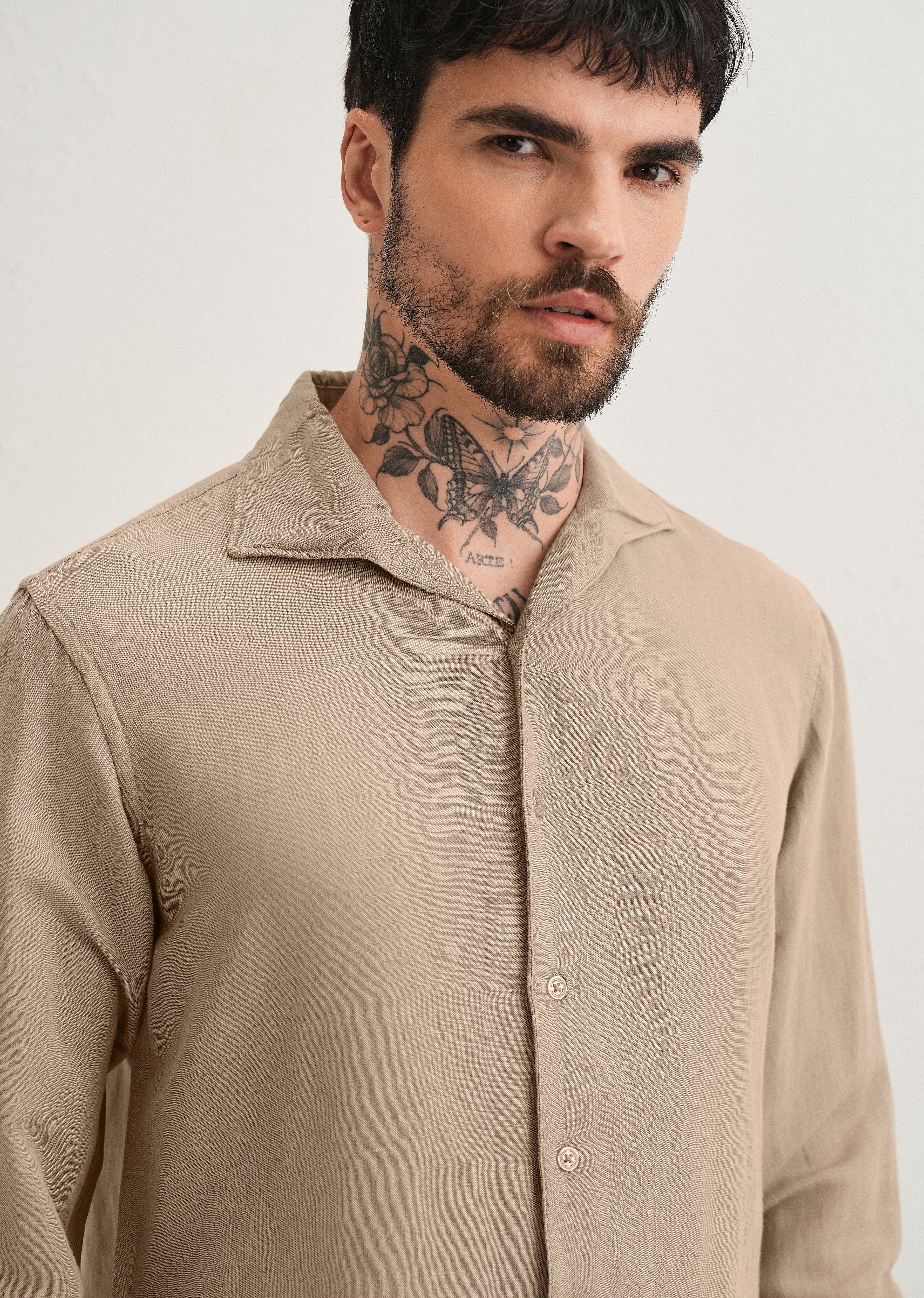 Tan Beige Plain Linen Viscose Shirt