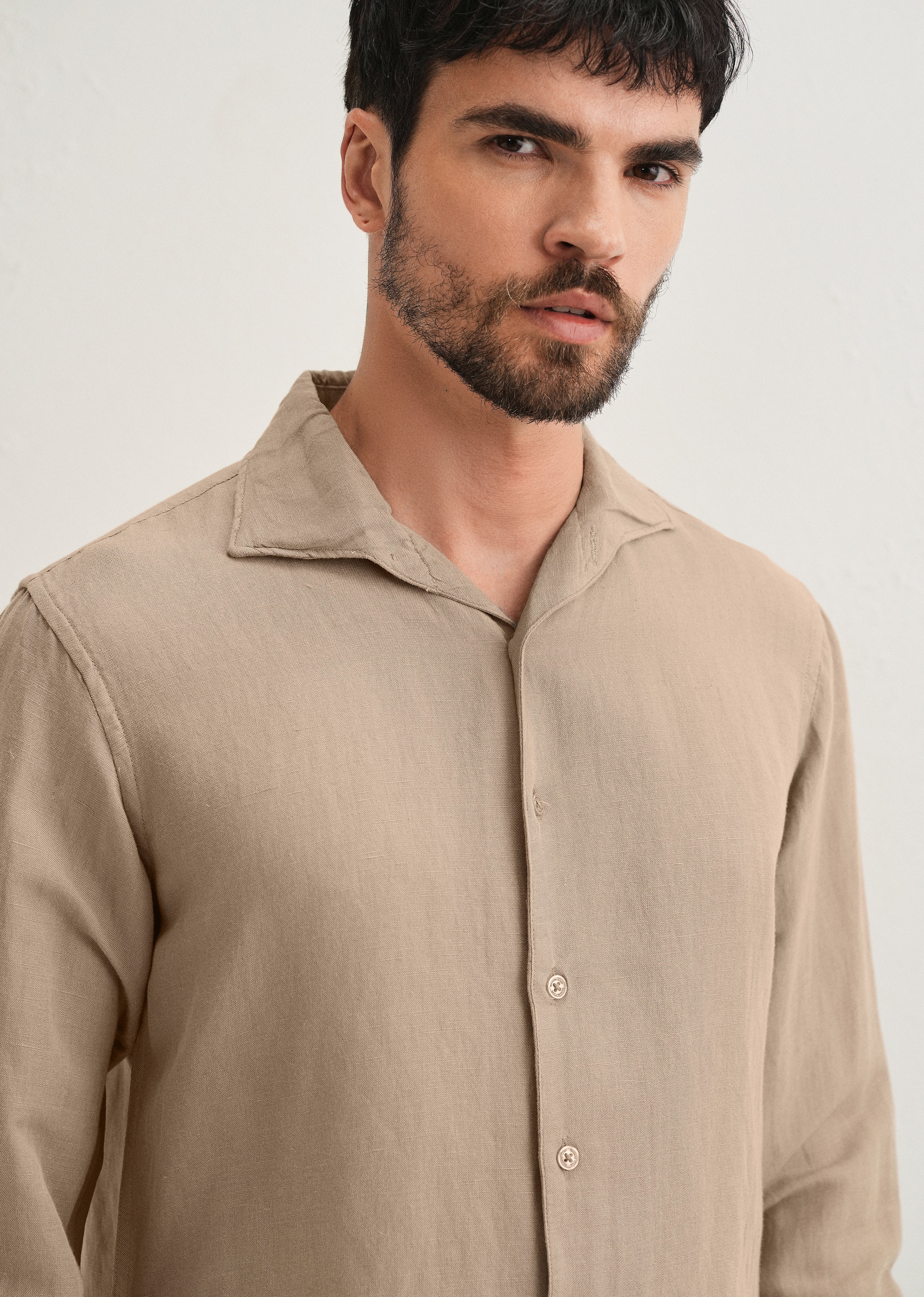 Tan Beige Plain Linen Viscose Shirt