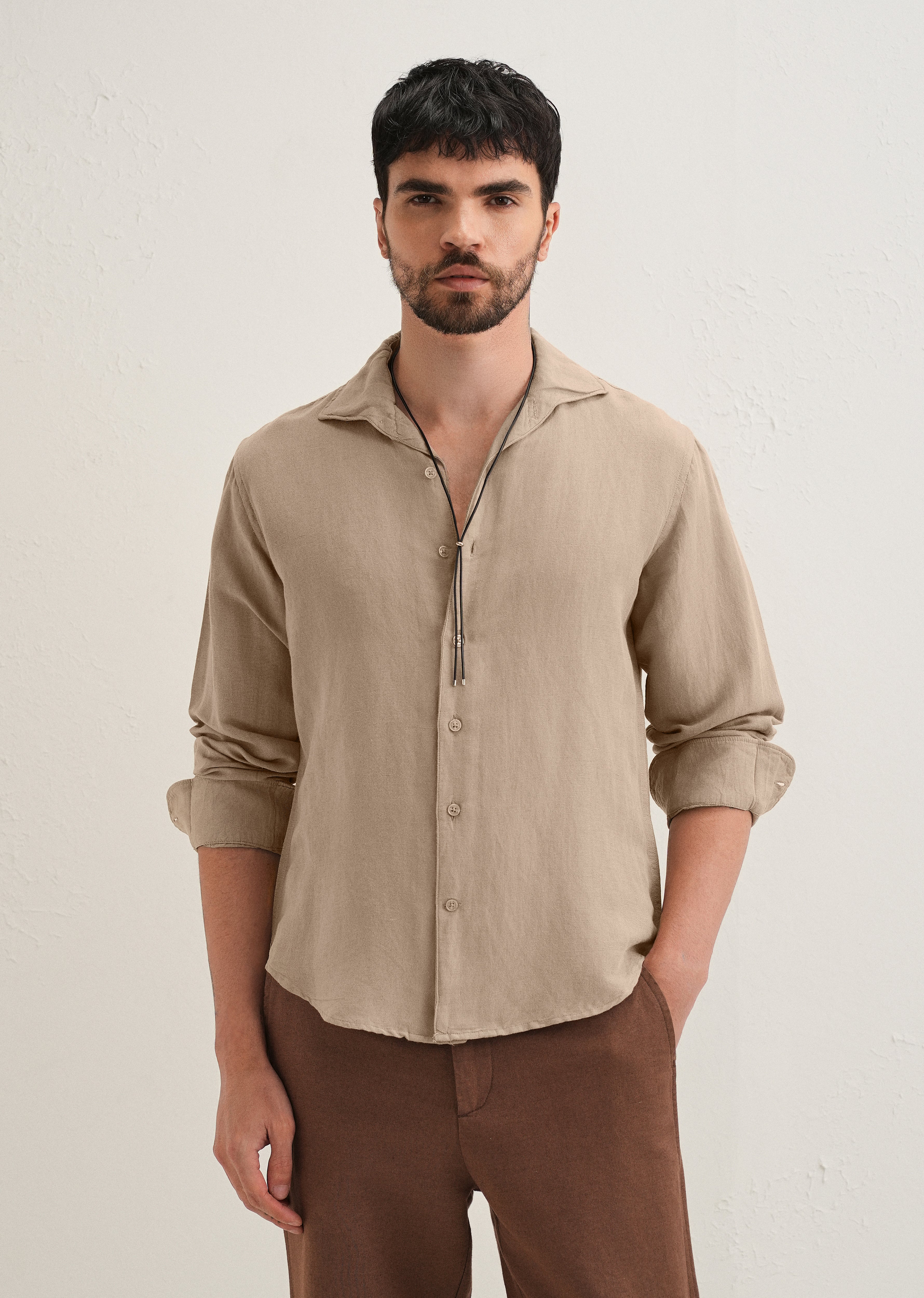 Tan Beige Plain Linen Viscose Shirt