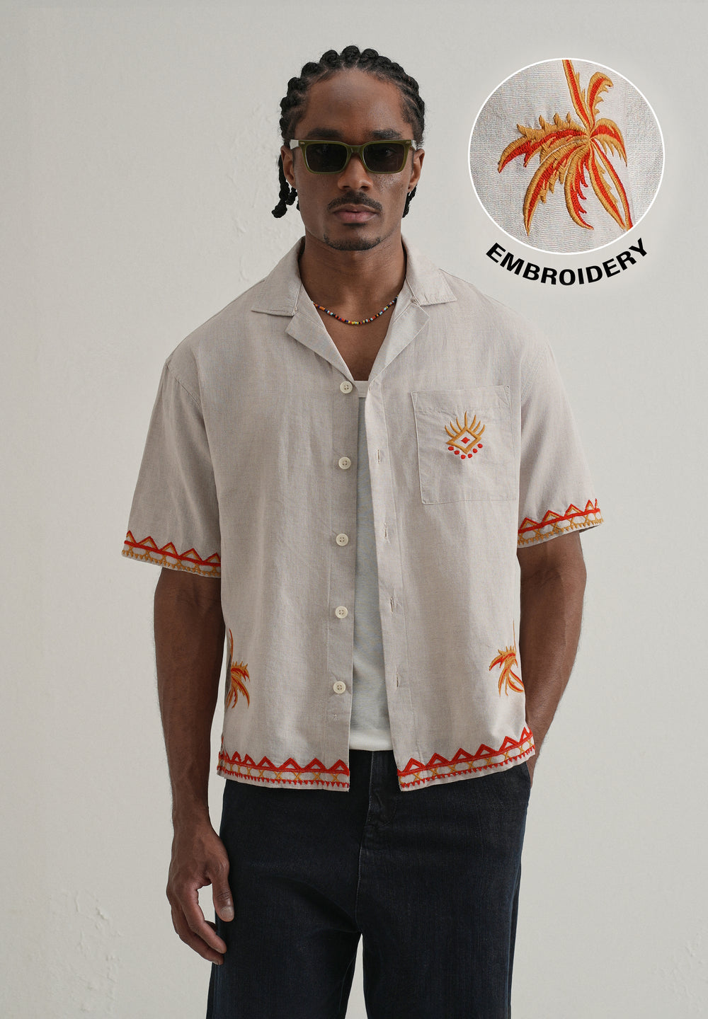 Tan Embroidery Cuban Collar Shirt
