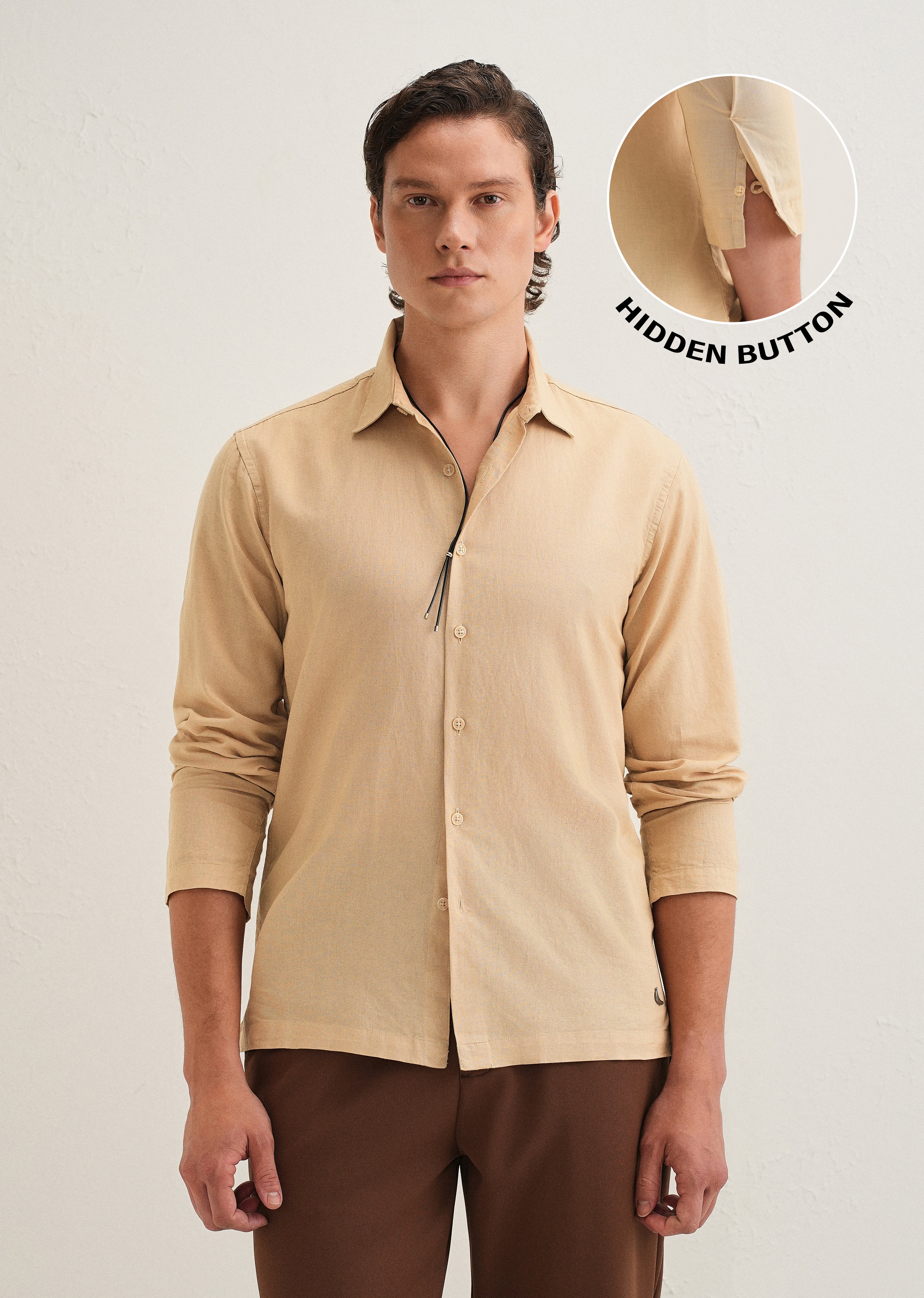 Tan Hidden Sleeve Placket Cotton Linen Shirt
