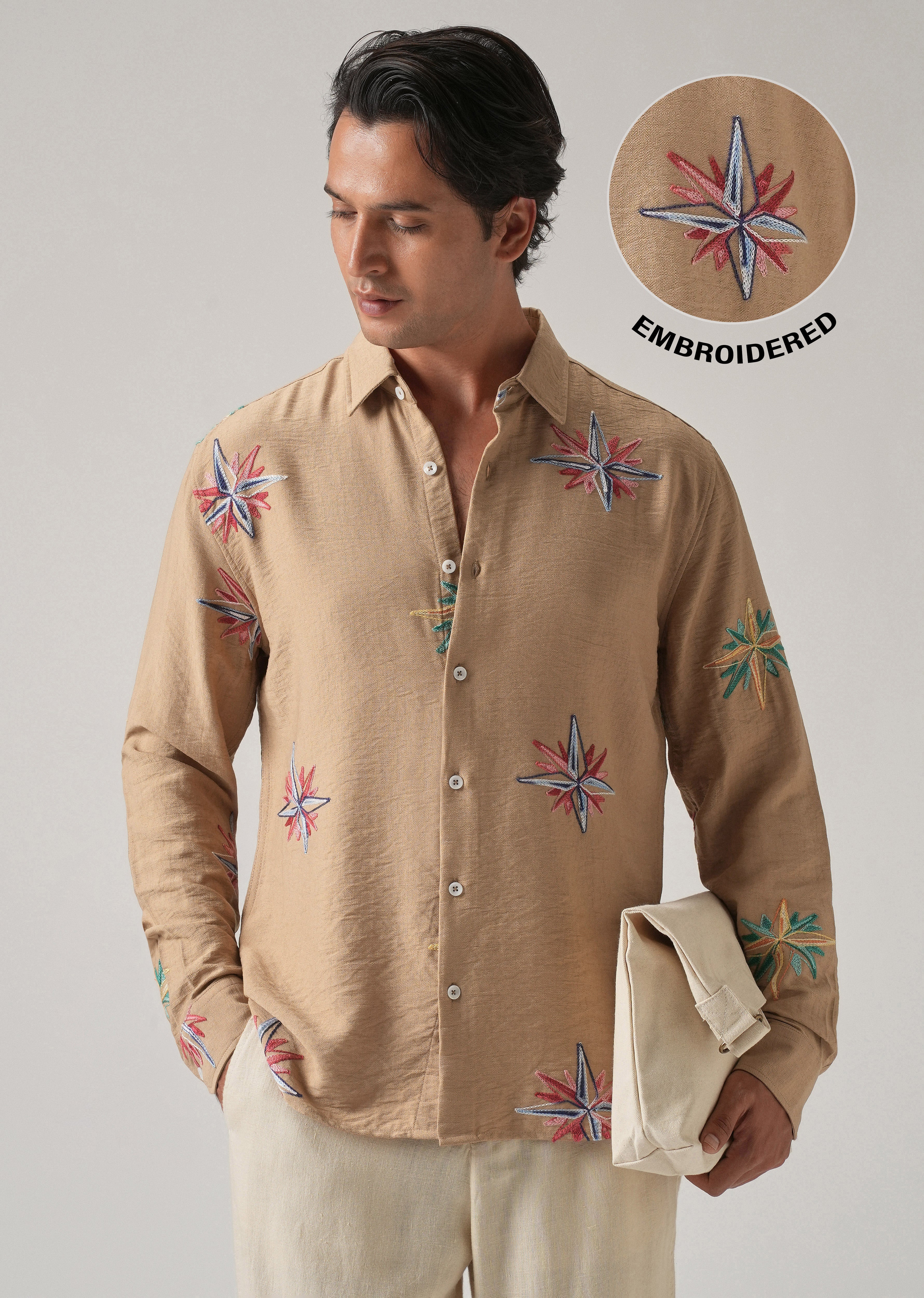 Tan Nautical Star Embroidery Shirt
