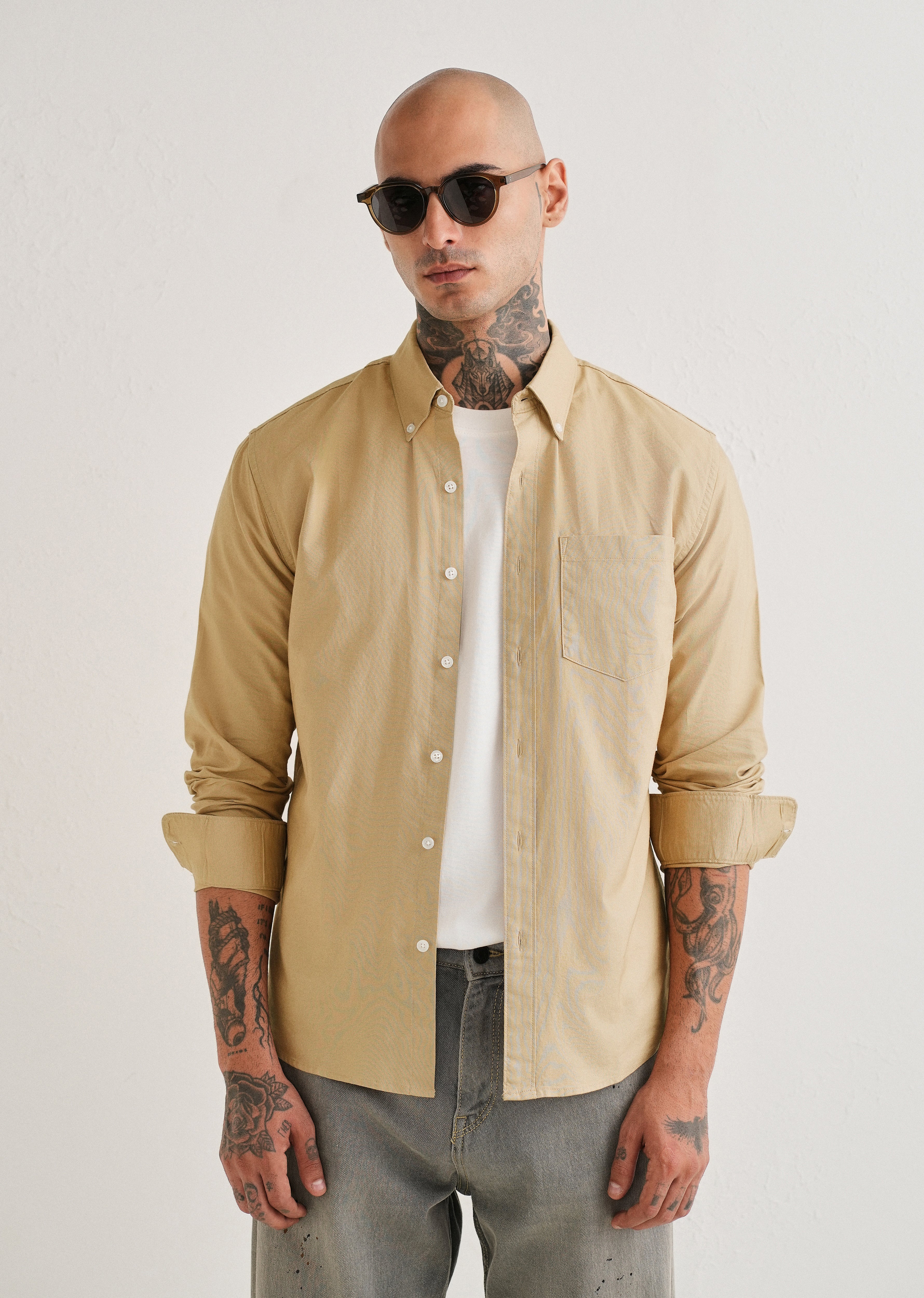 Tan Plain Cotton Oxford Shirt