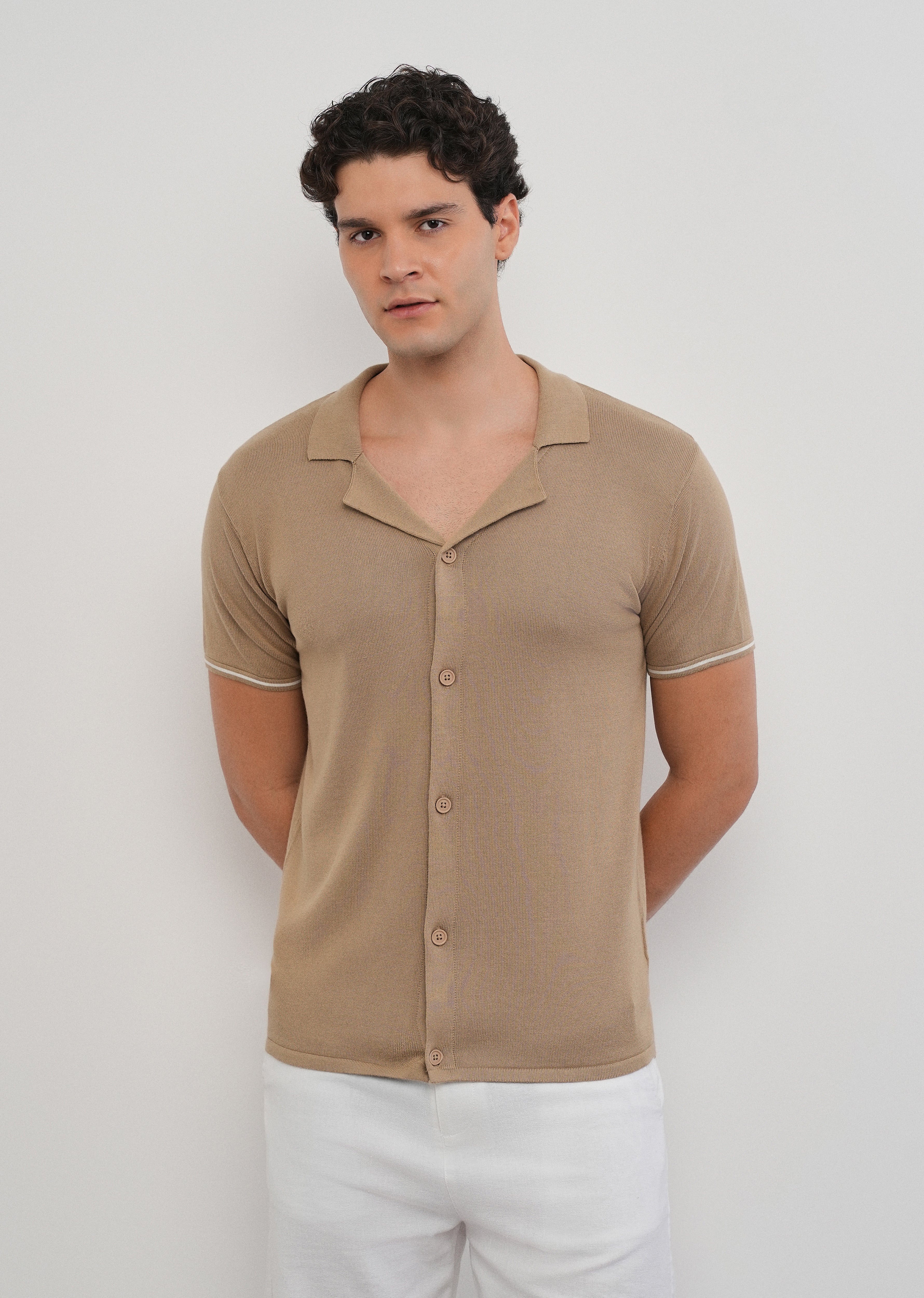Tan Plain Knit Cuban Collar Shirt