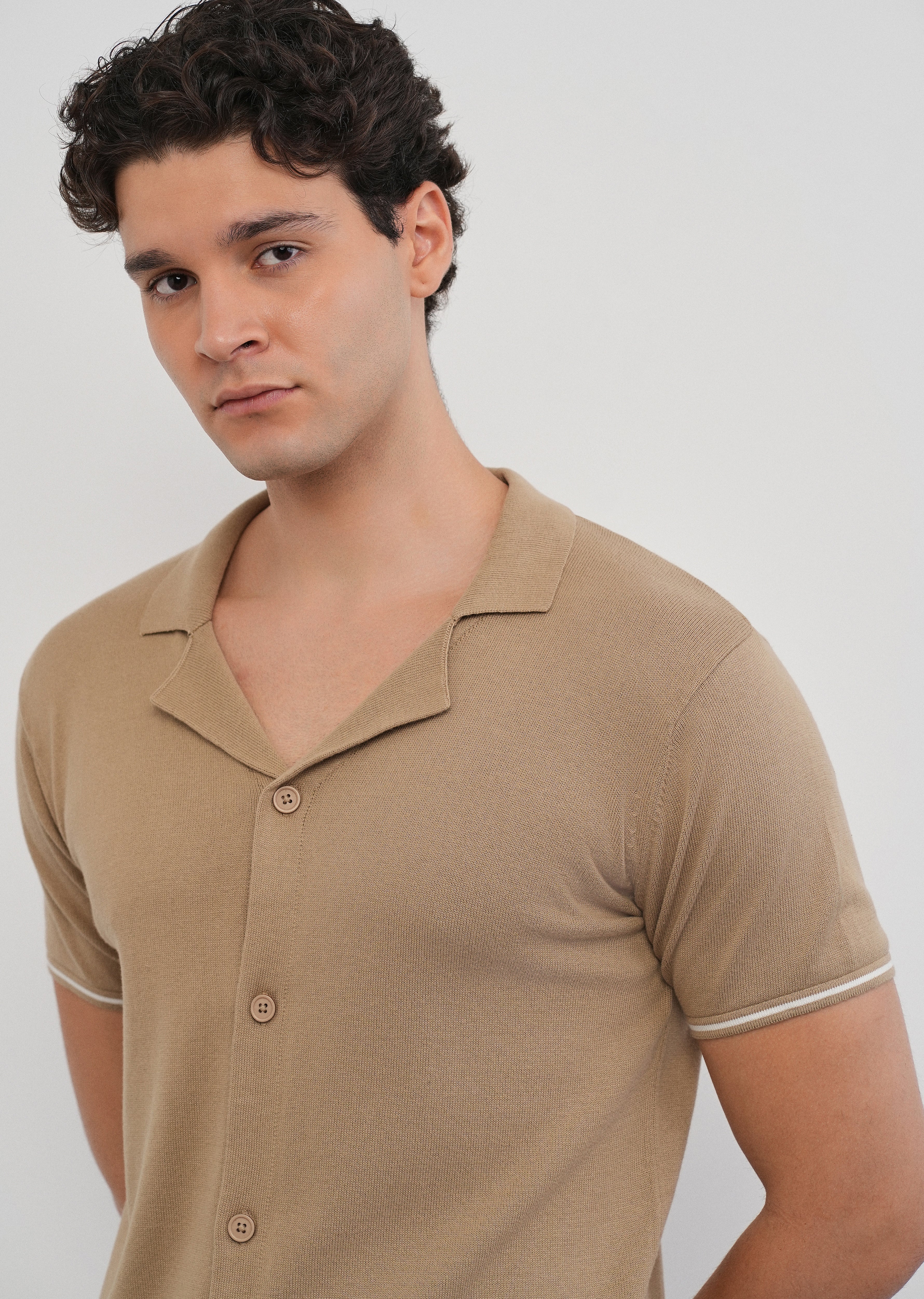 Tan Plain Knit Cuban Collar Shirt