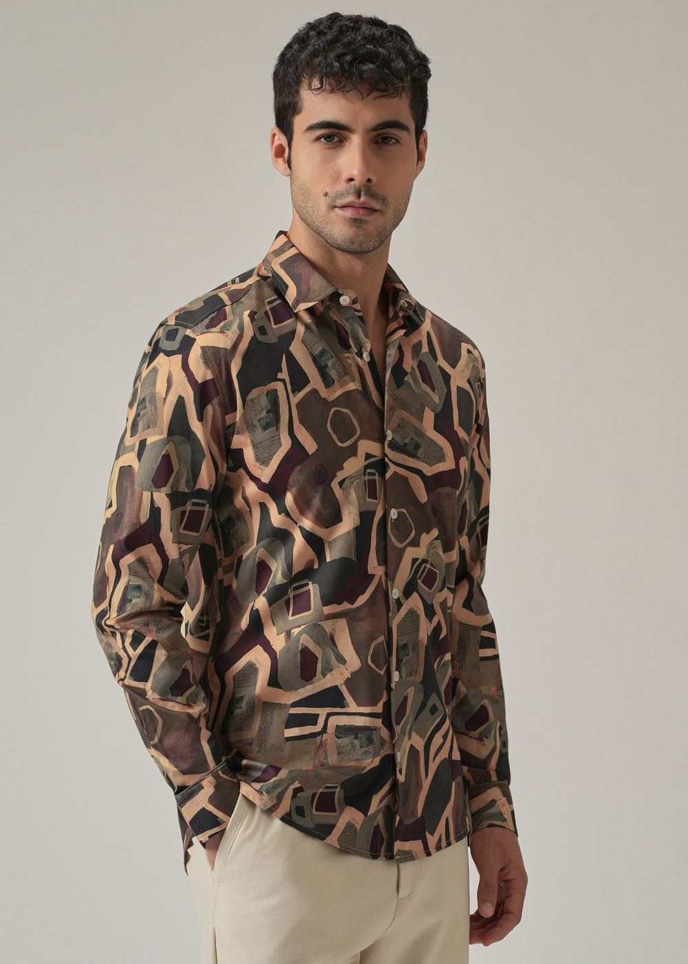Taupe Beige Geometric Print Shirt