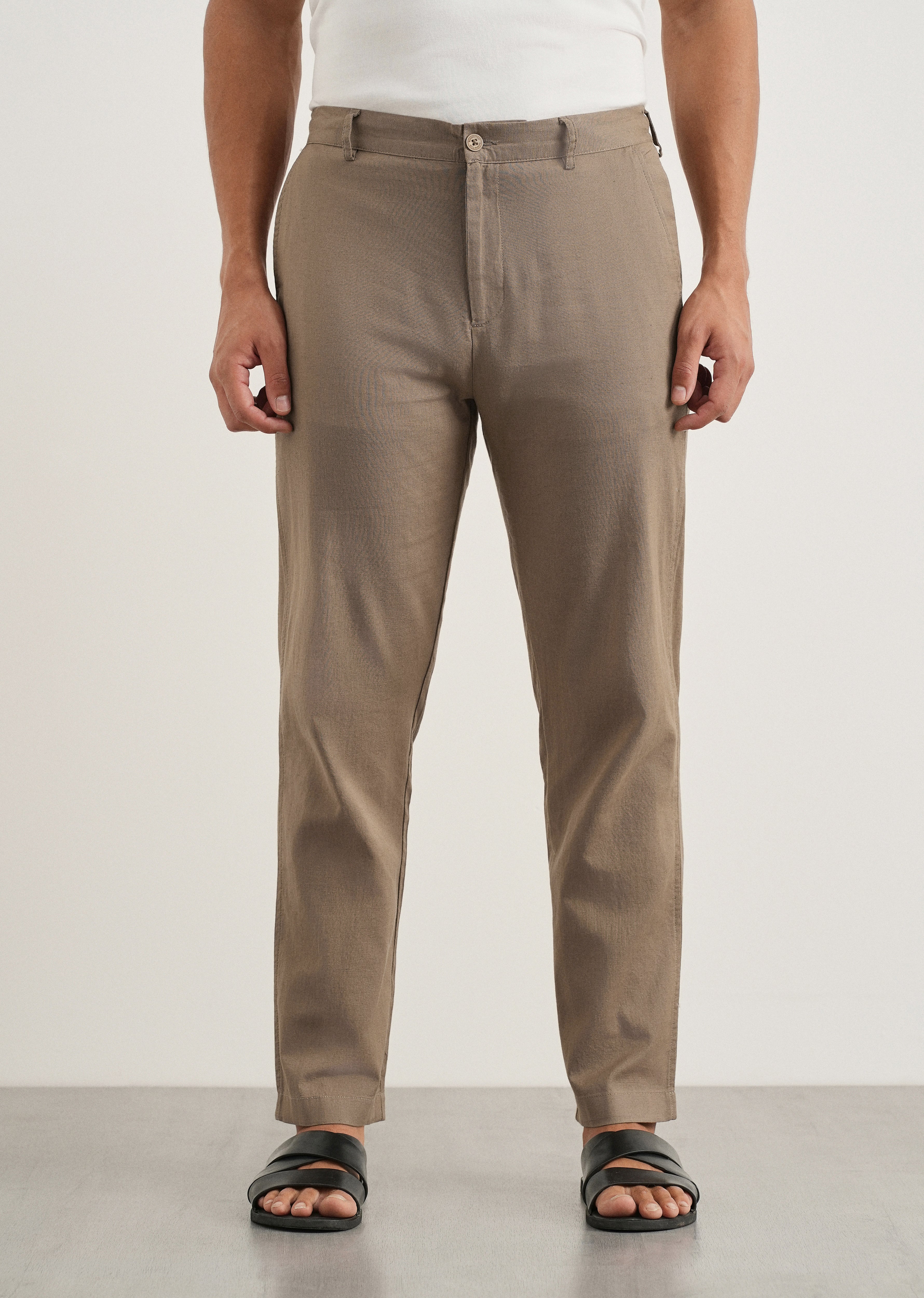 Taupe Cotton Linen Regular Fit Pant