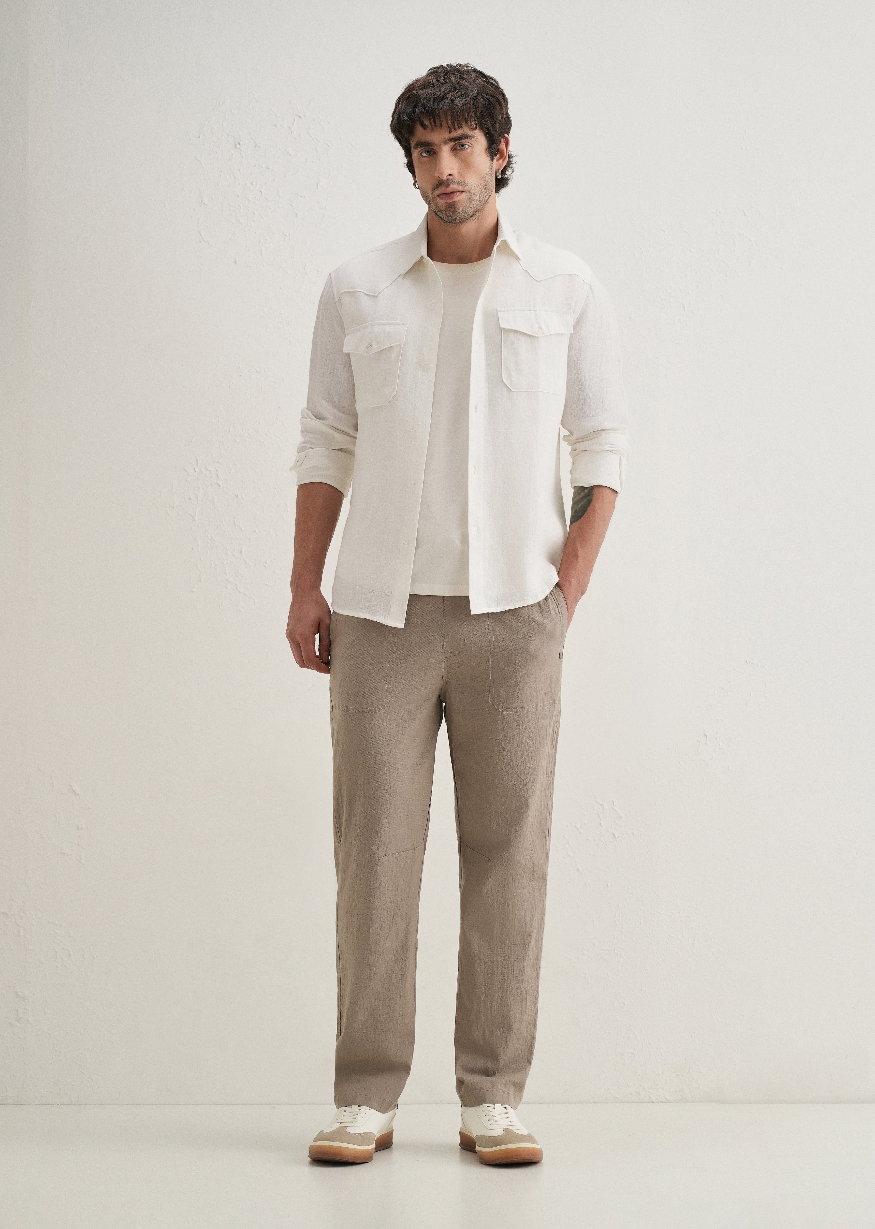 Taupe Drawstring Cotton Linen Pant