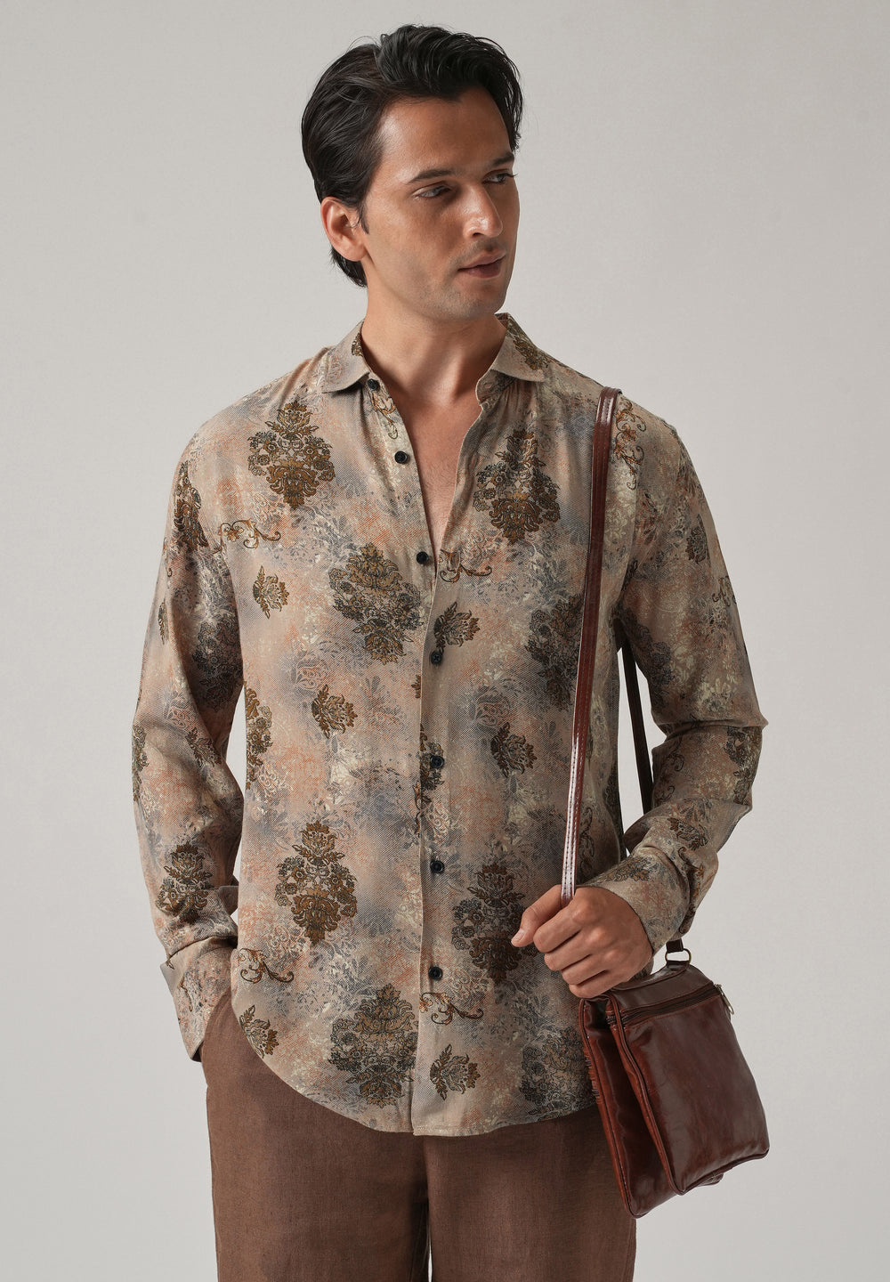 Taupe Floral Print Feather Shirt