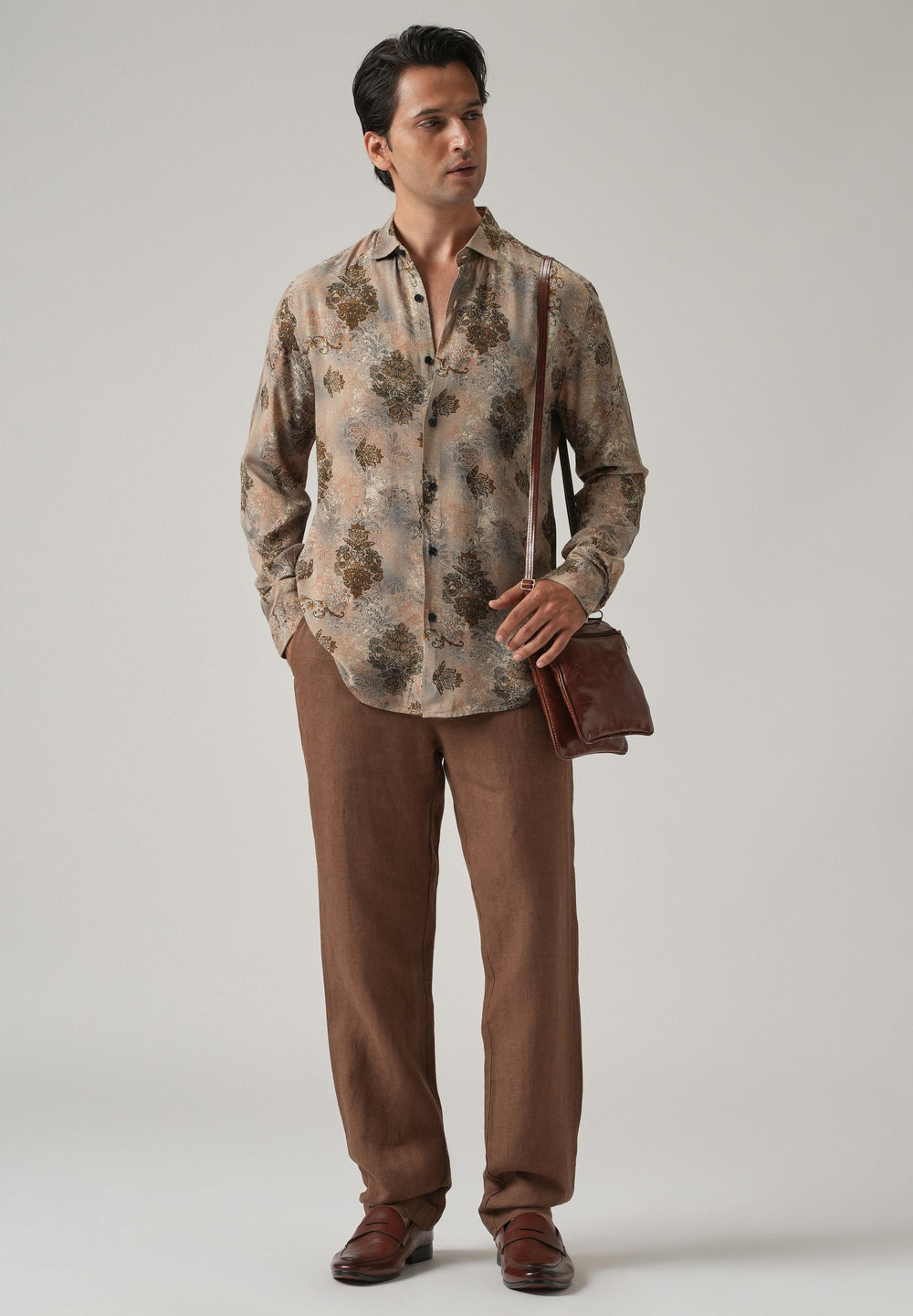 Taupe Floral Print Feather Shirt