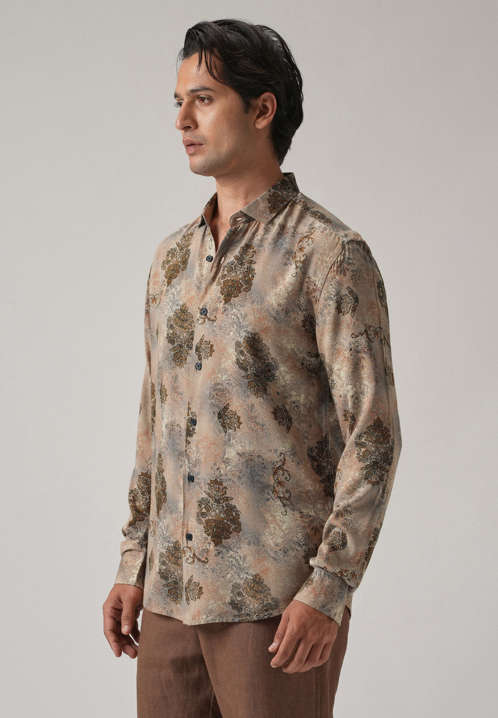 Taupe Floral Print Feather Shirt